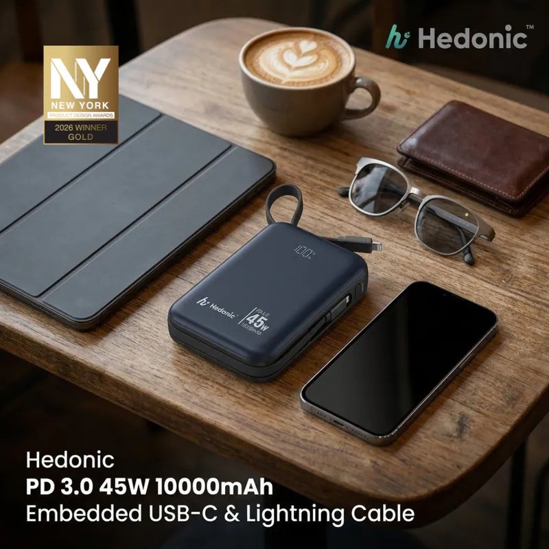 Hedonic #81082/ 81083 (3C追溯二維碼) PD 3.0 45W快充 10000mah嵌入式充電線流動充電池 [2色選擇]