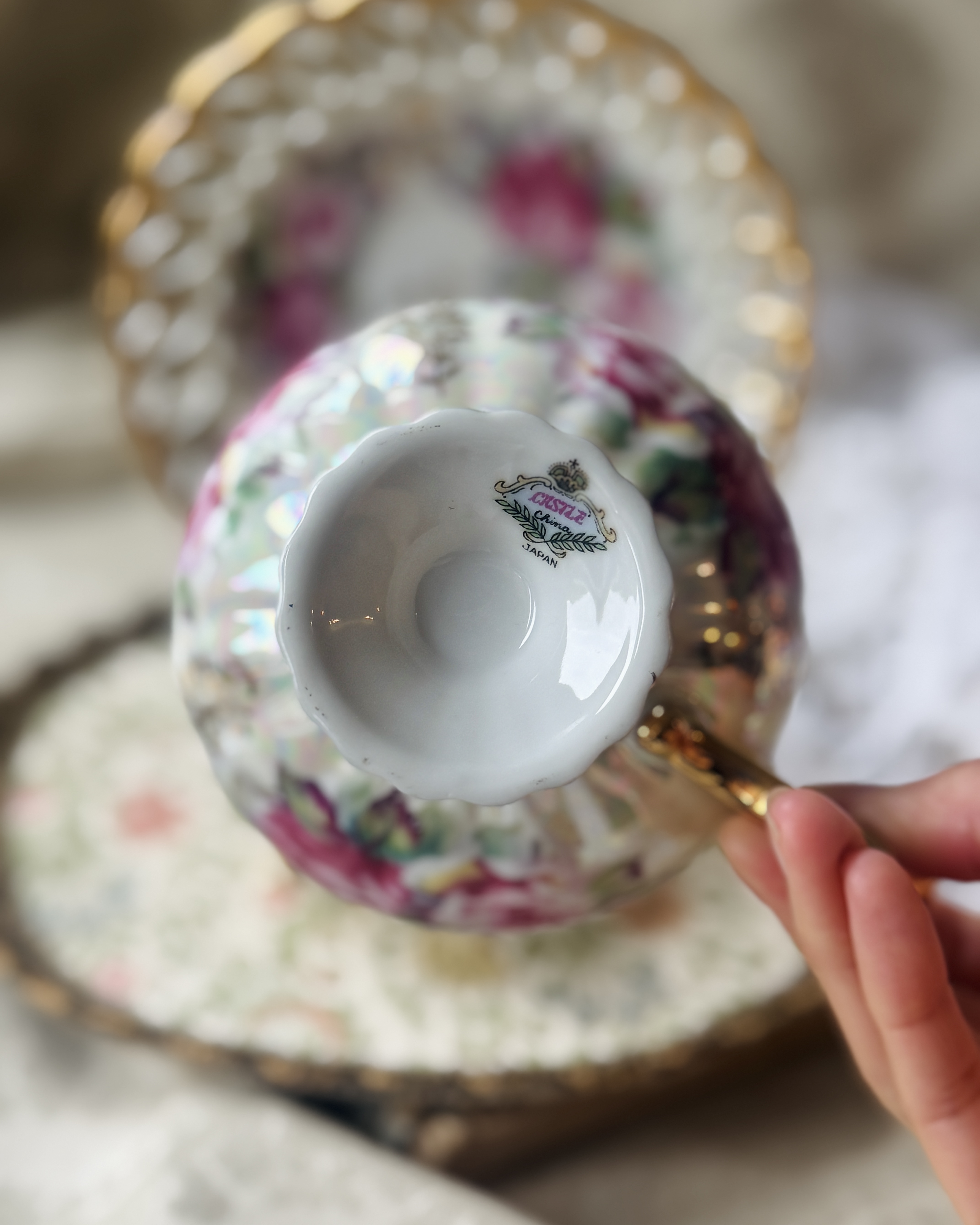 Vintage Mid-Century Castle Japan Floral Iridescent Tea Set Duo (MT2398)