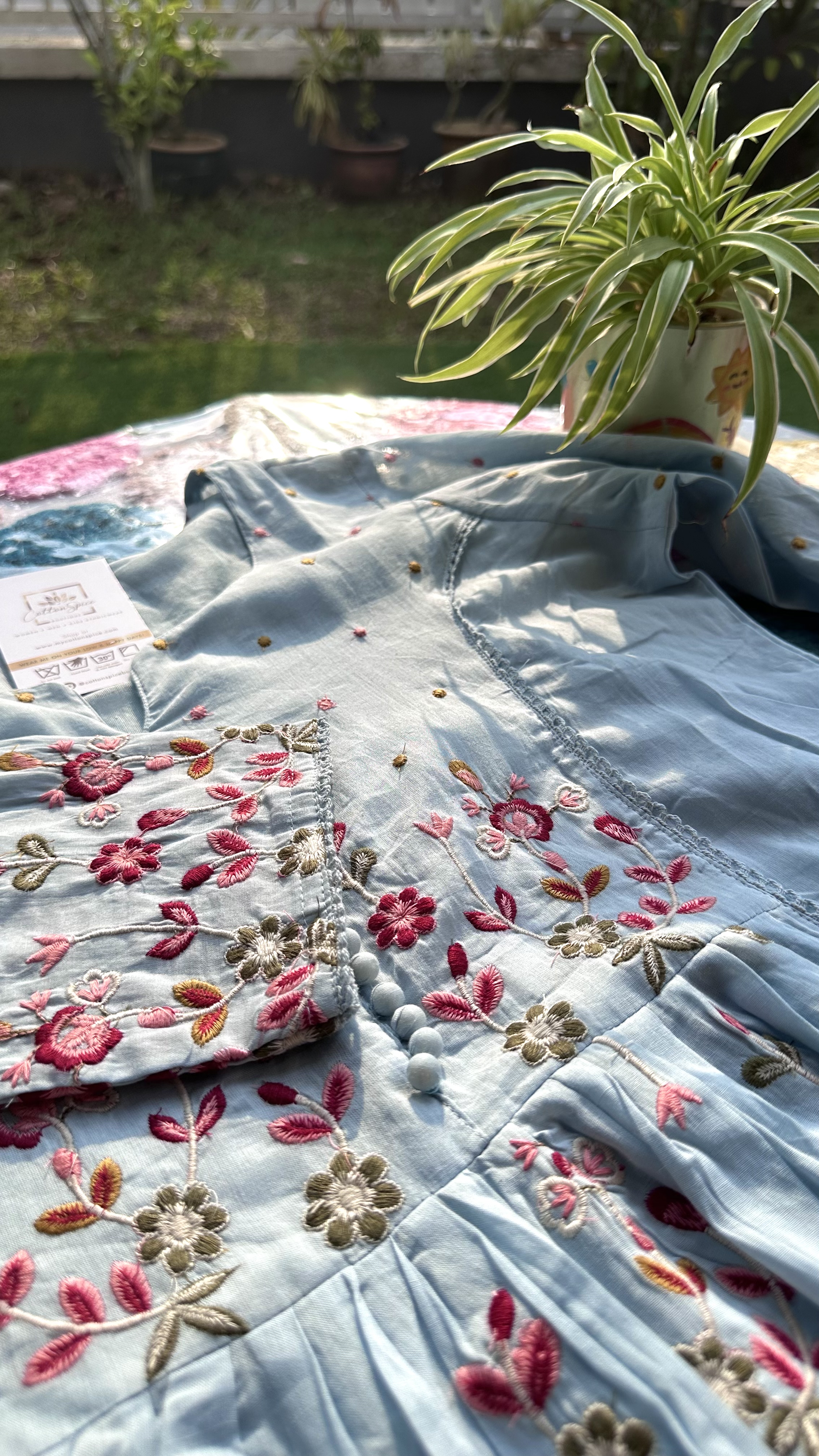 Baby Blue Embroidered Floral Print Kurta Set