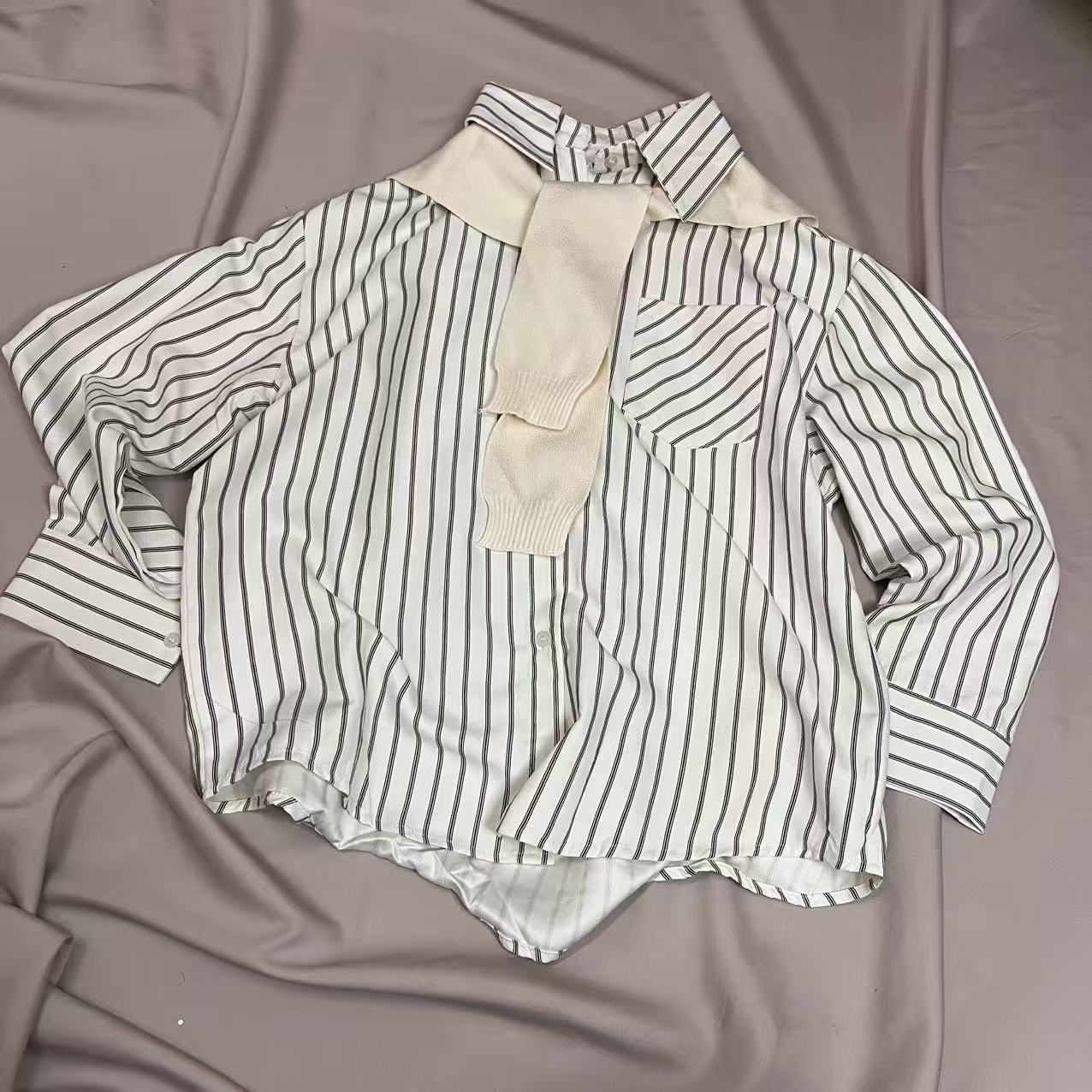 CC2006#82531 [Striped Shawl Shirt] Elegant & Versatile Everyday Wear