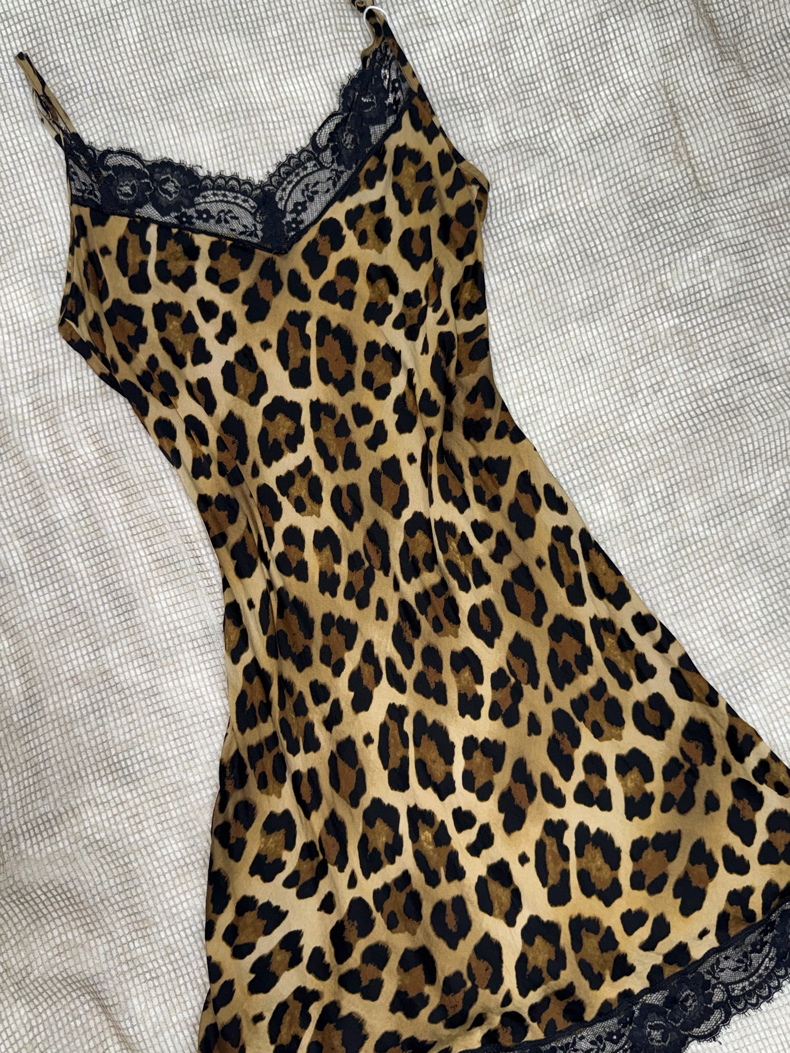 Leopard Satin Slip Dress with Lace Trim