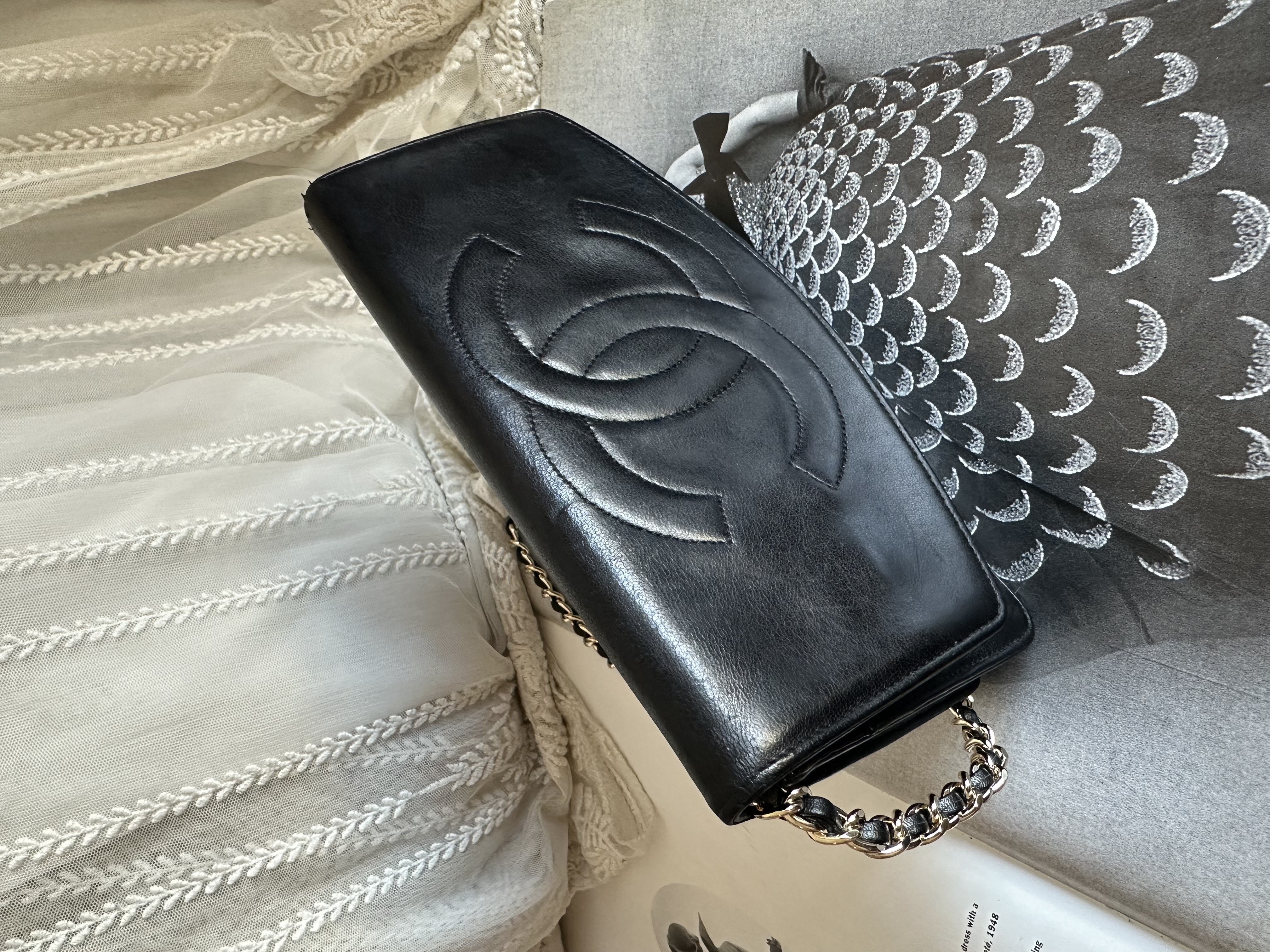 vintage chanel cc black lamb leather long wallet