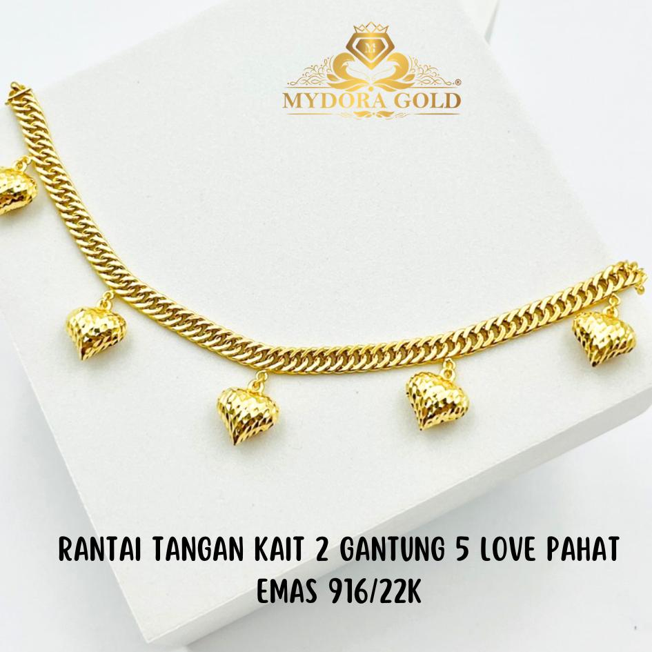 MYDORA Rantai Tangan Kait 2 Gantung 5 Love Pahat l EMAS 916/22K