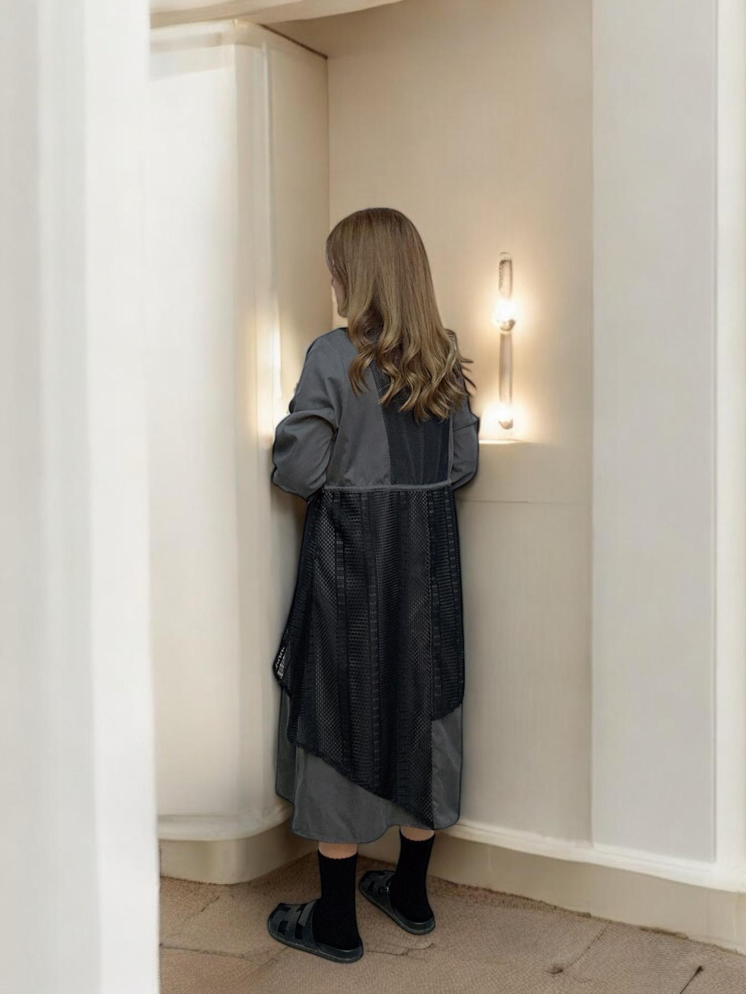 103546 BS 自家款 洗水磨毛布拼接條子網布連身裙外套