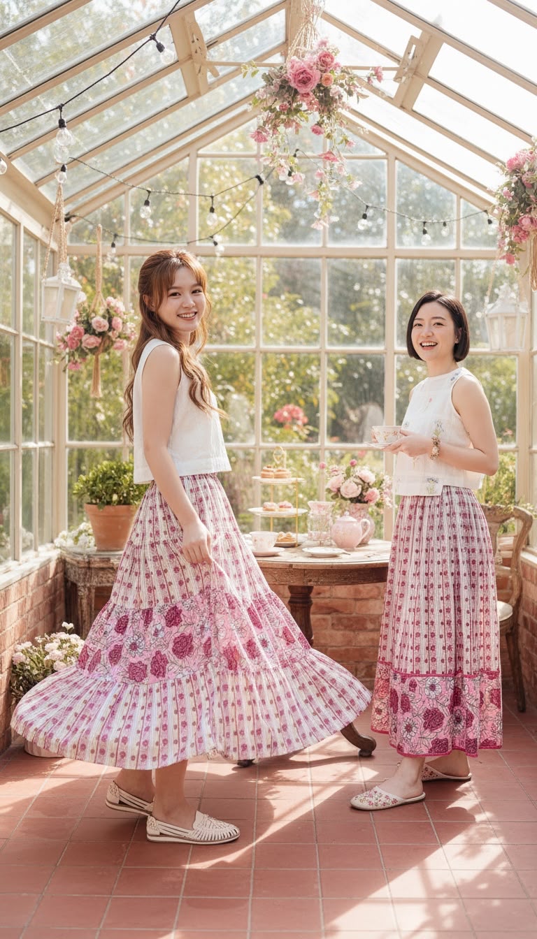 SSD006 White x Pink Flower 3-Layer Skirt 37"
