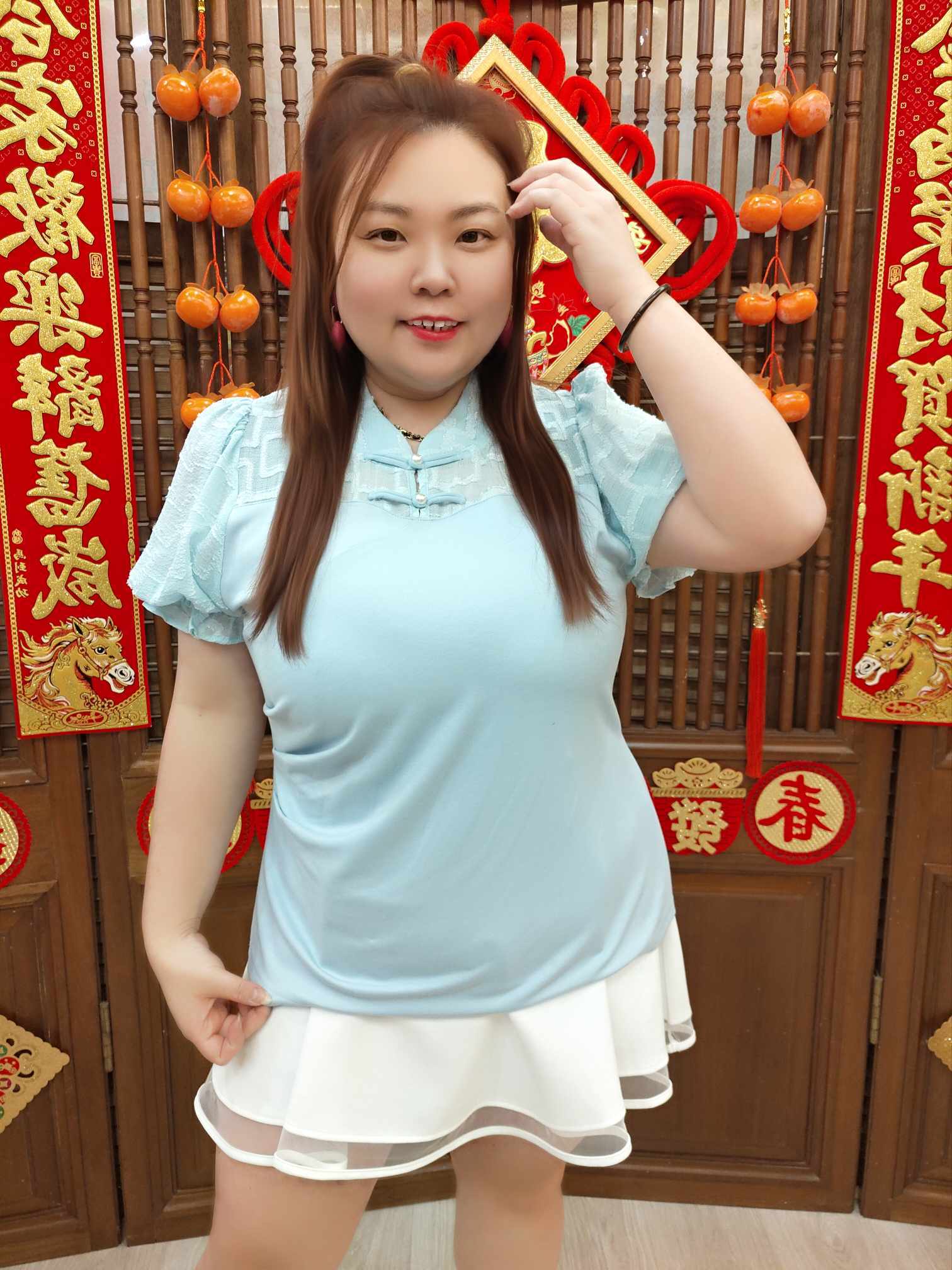 NJB06 BE#281926 珍珠扣网纱袖上衣