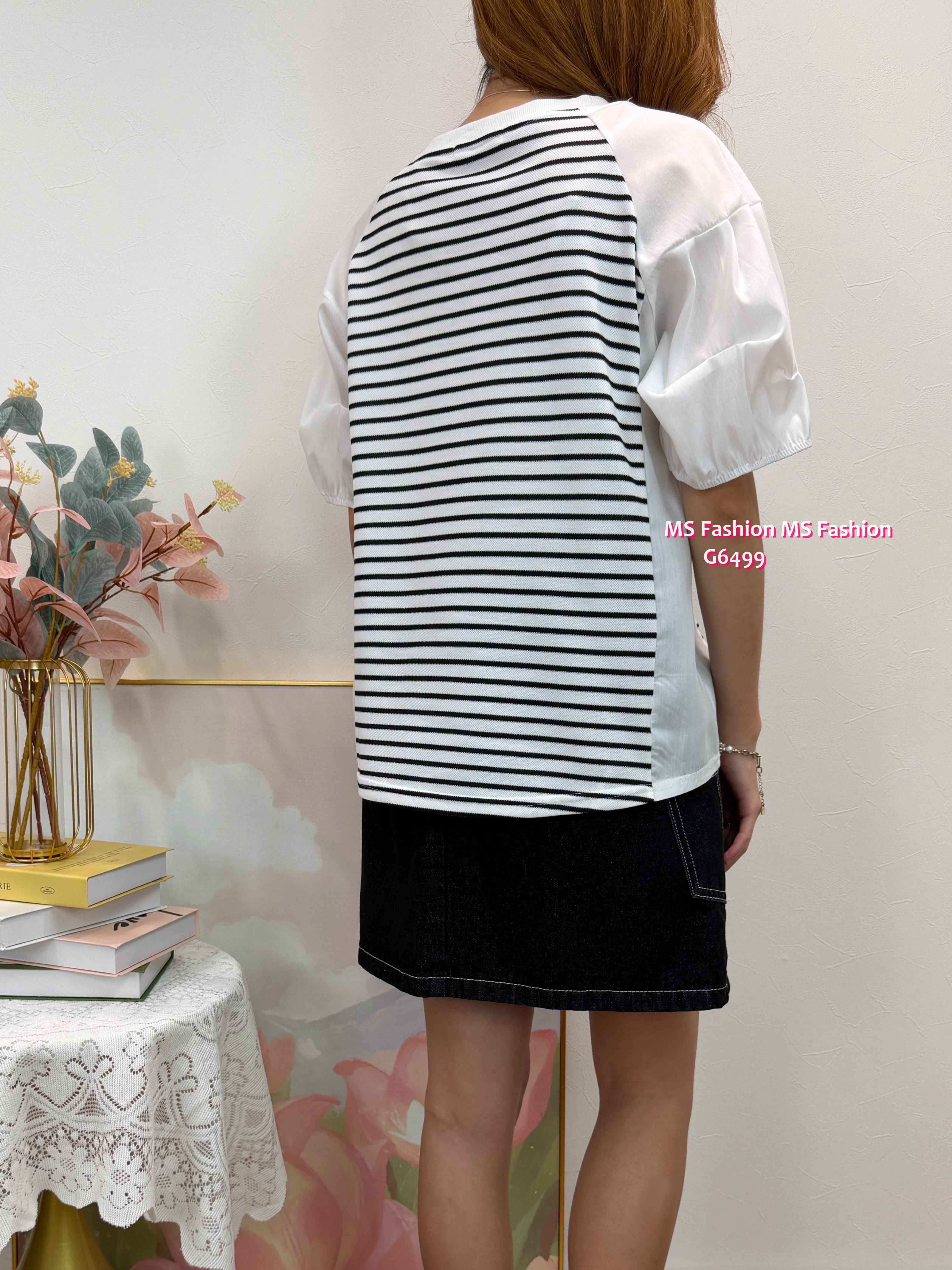 G6499 橫間泡泡摺袖top