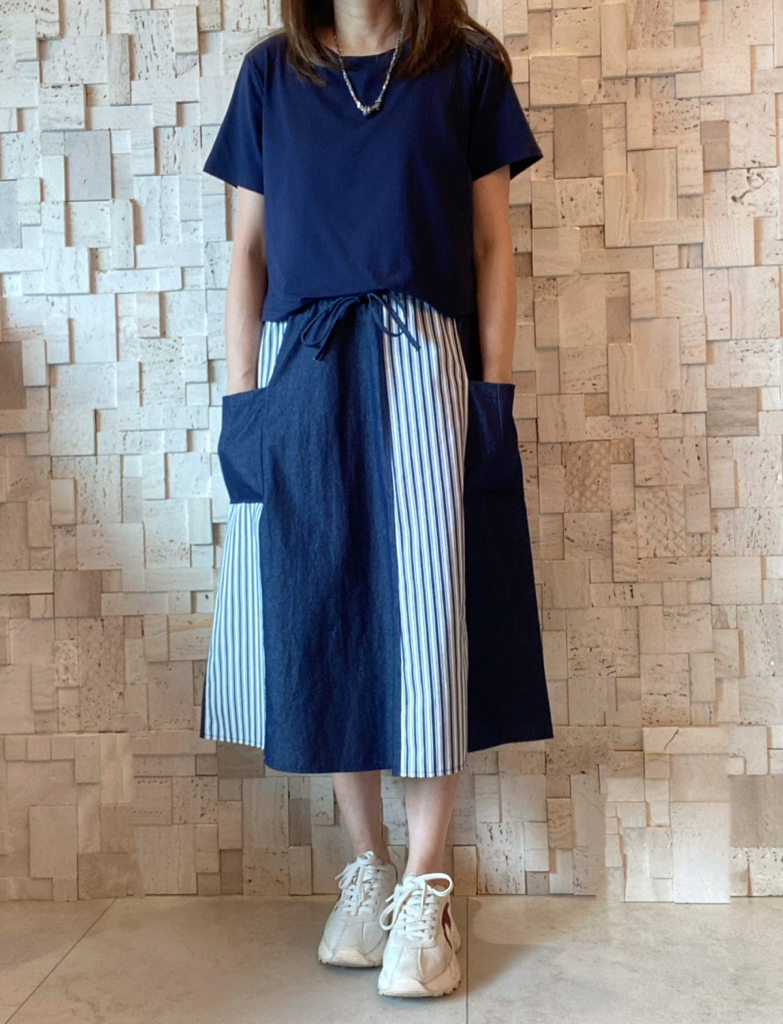 S00356 牛仔布拼條紋撞色Op