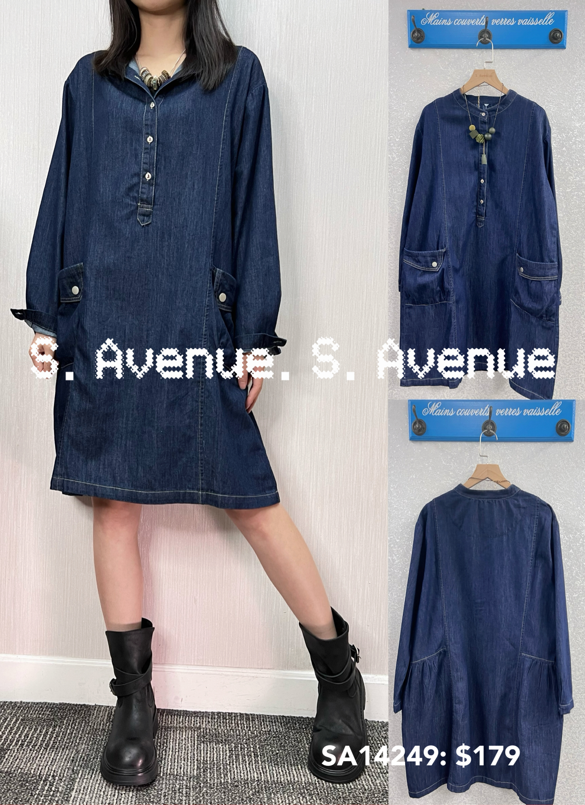 SA14249: 長袖雙袋直身牛仔op