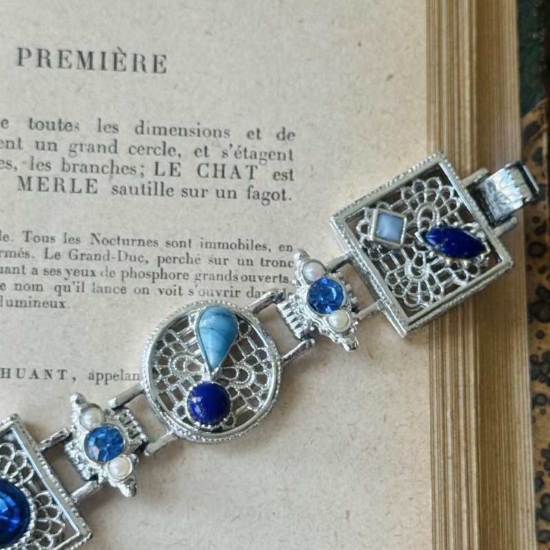 Vintage 1950-60s Silver x Blue Statement Bracelet (NZ108)