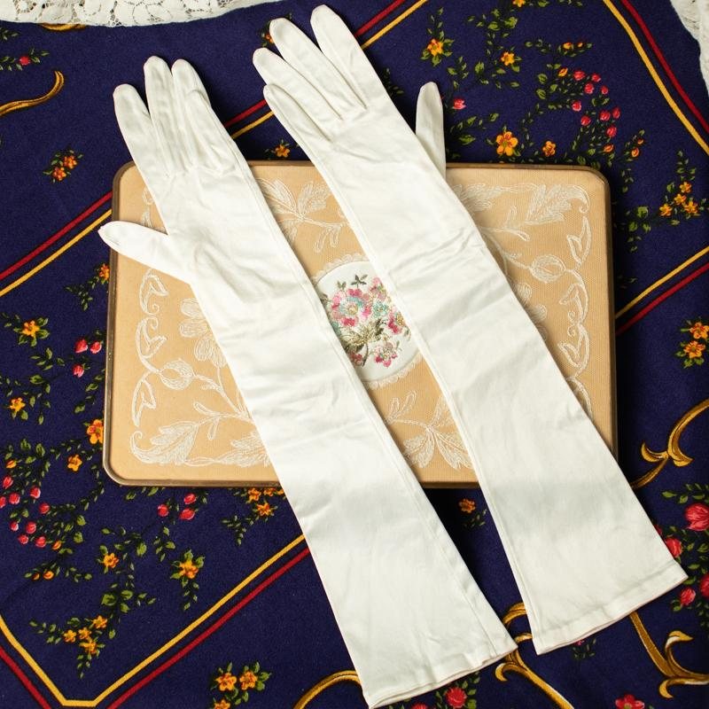 Vintage Satin Textured White Elbow Length Long Evening Gloves (CE069)