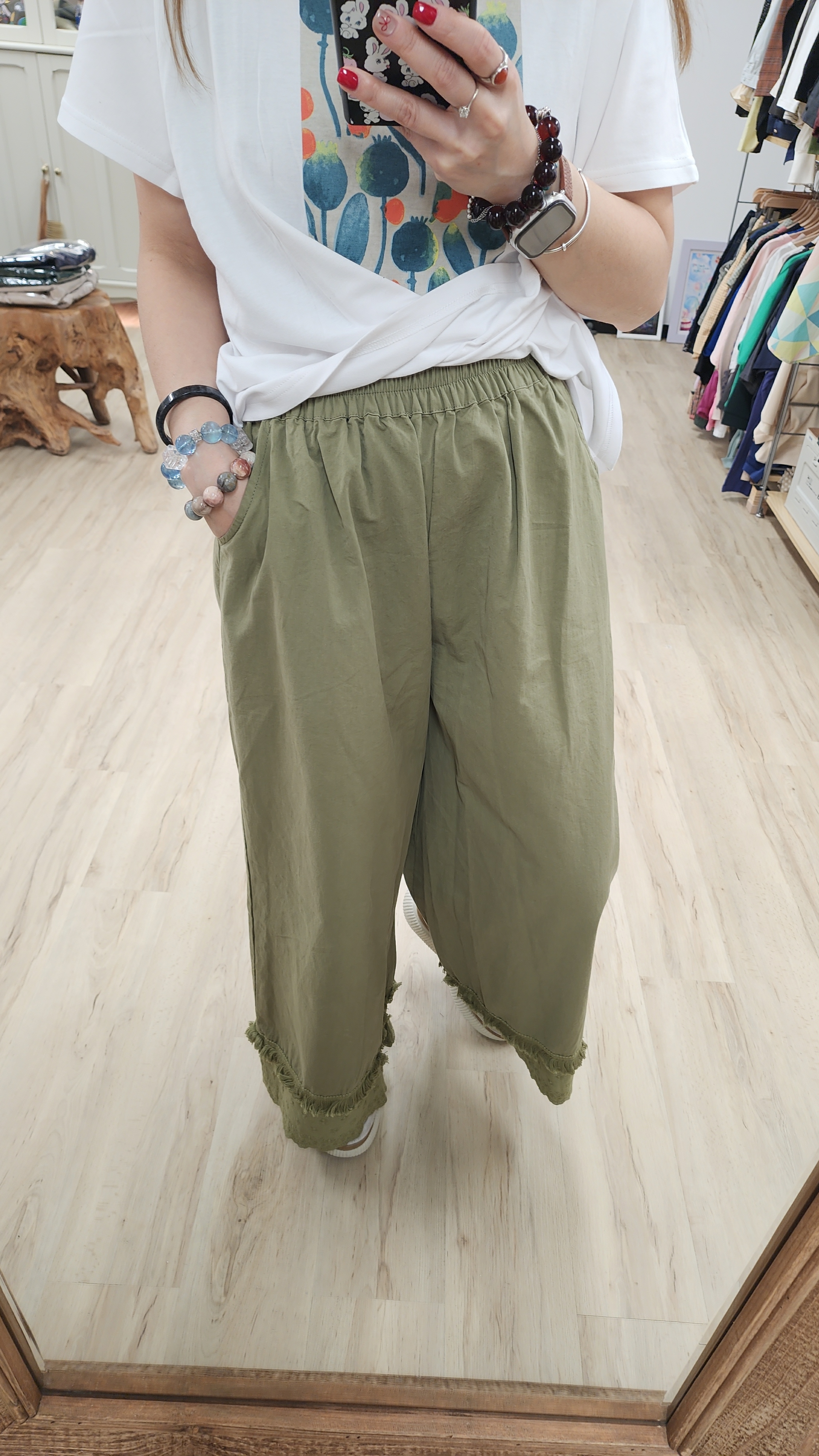 韓國抹茶綠蘇蘇刺繡橡筋棉麻褲