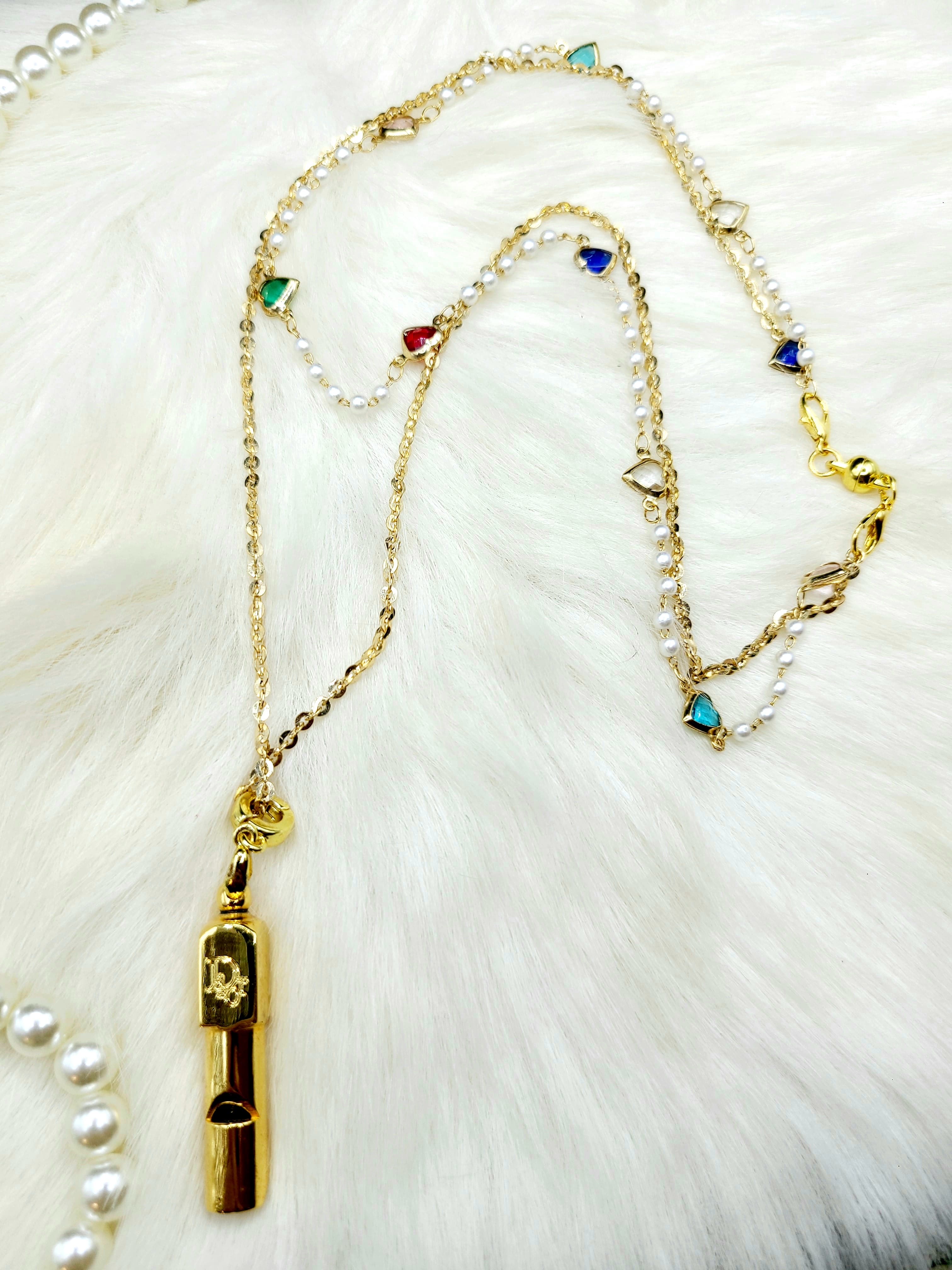 Vintage Dior 哨子吊墜配upcycling 心型珍珠雙層包金頸鍊