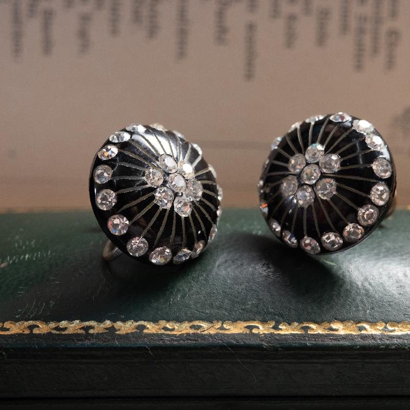 C.a. 1960s-80s Floral SunRay Sparkling Black Screw-back Earrings (MW155)