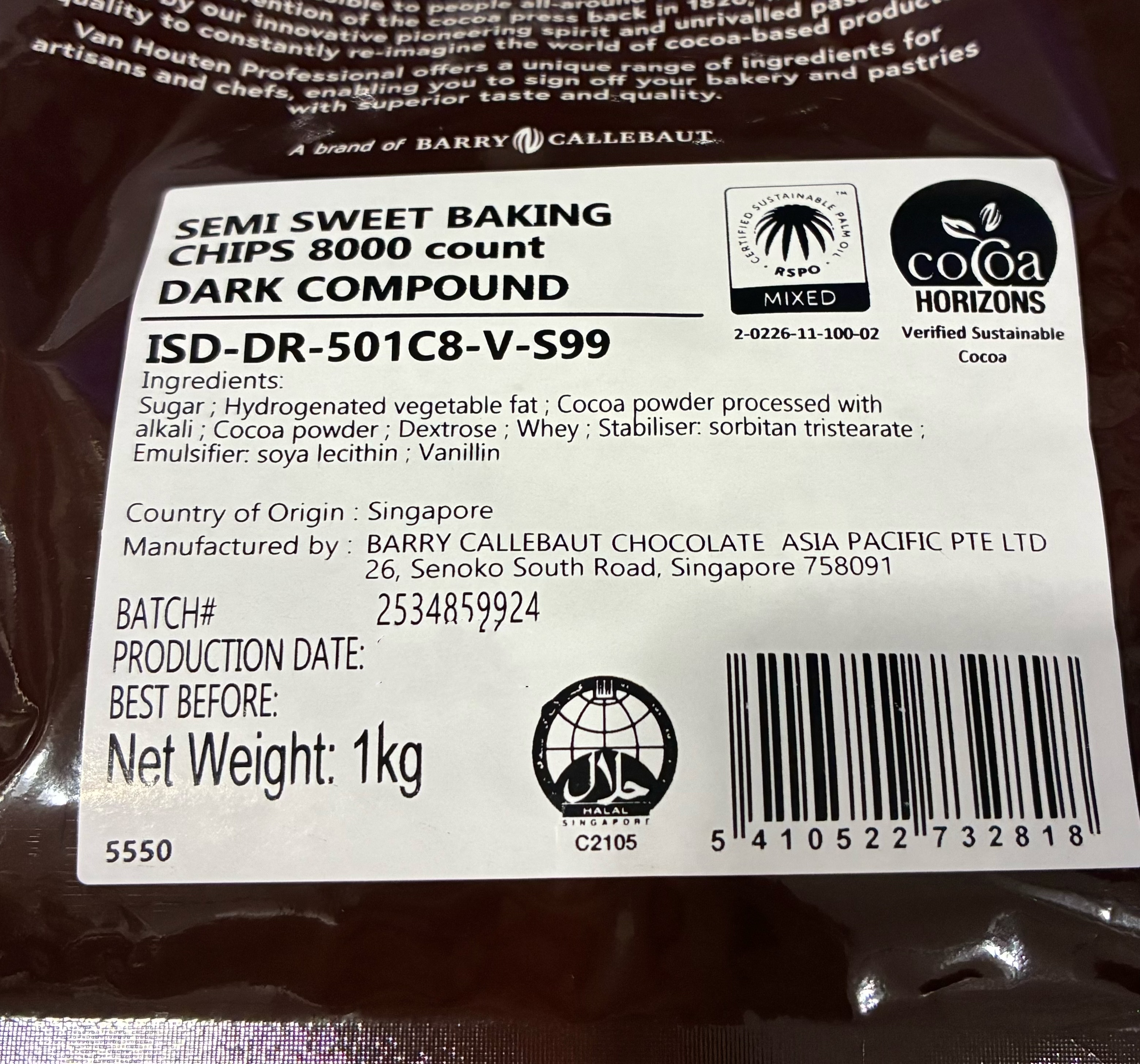 Van Houten 入爐黑朱古力粒 Van Houten Semi Sweet Baking Chips 8000count Singapore