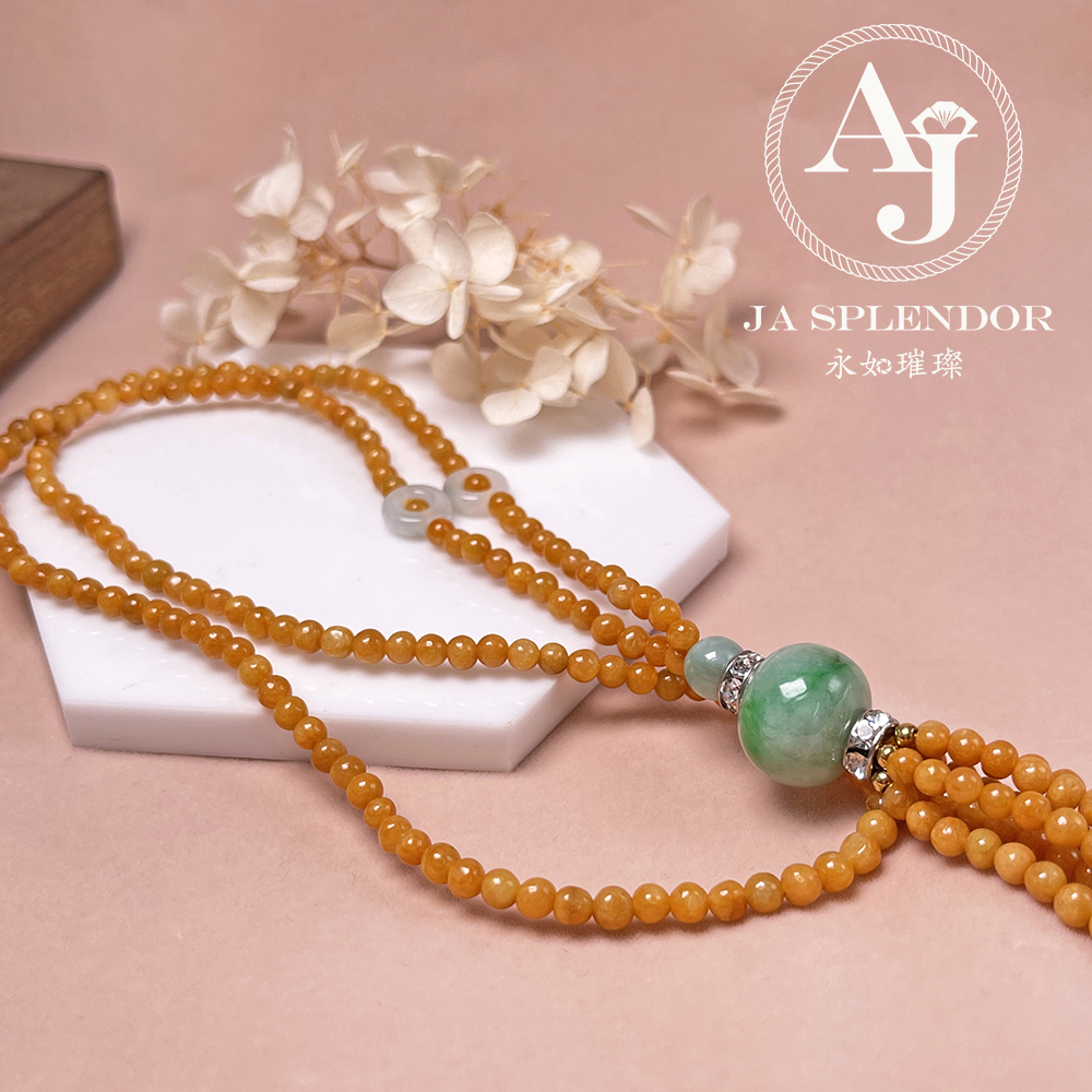 JN-H40-261 天然翡翠A玉 華麗黃翡配綠珠串串金項鏈