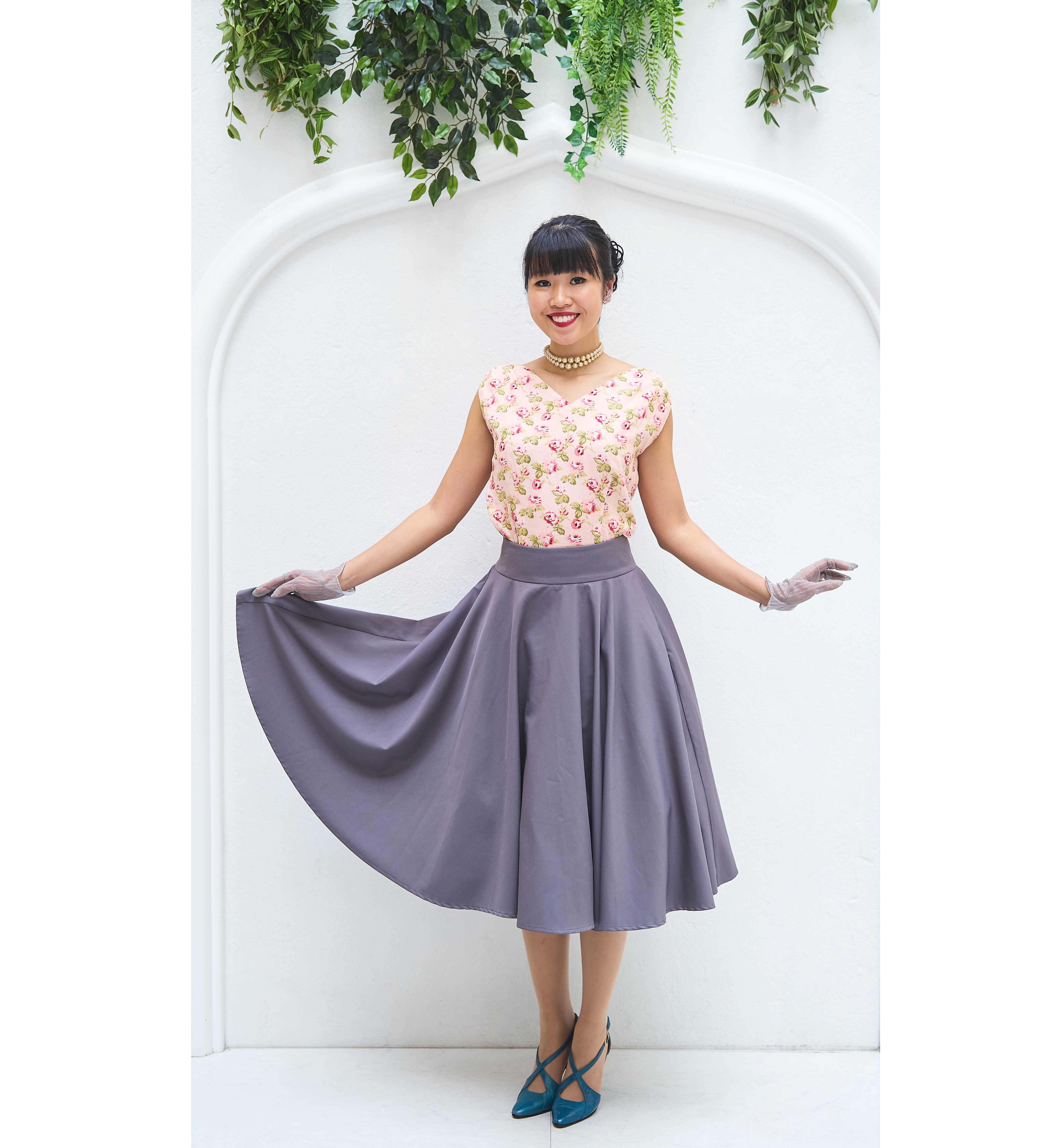 (Ready-Made)1950s Style Romantic Garden Rose Cotton V-Neck Top (FM184)