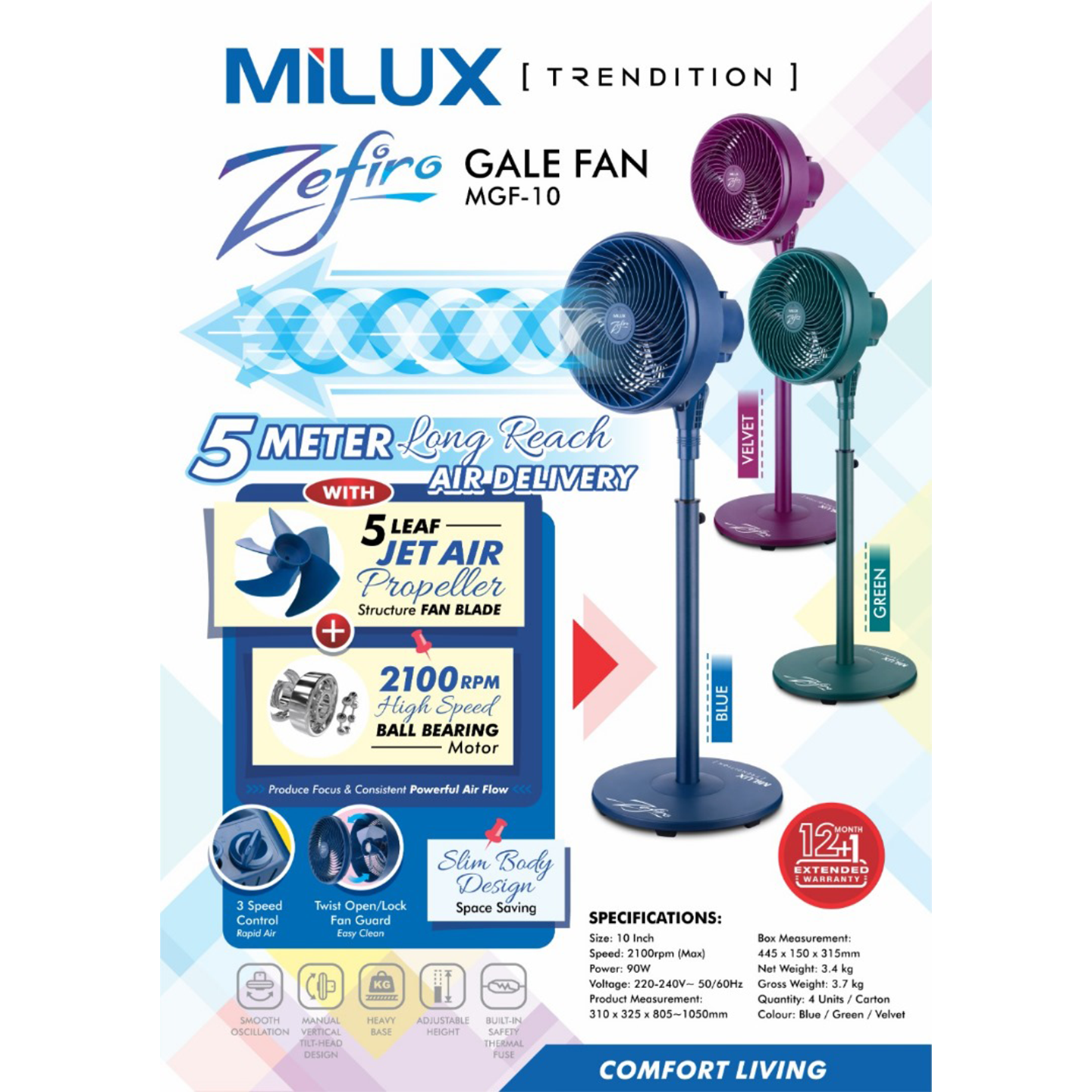 Milux 7" 90W Gale Stand Fan Velvet (MGF-10)