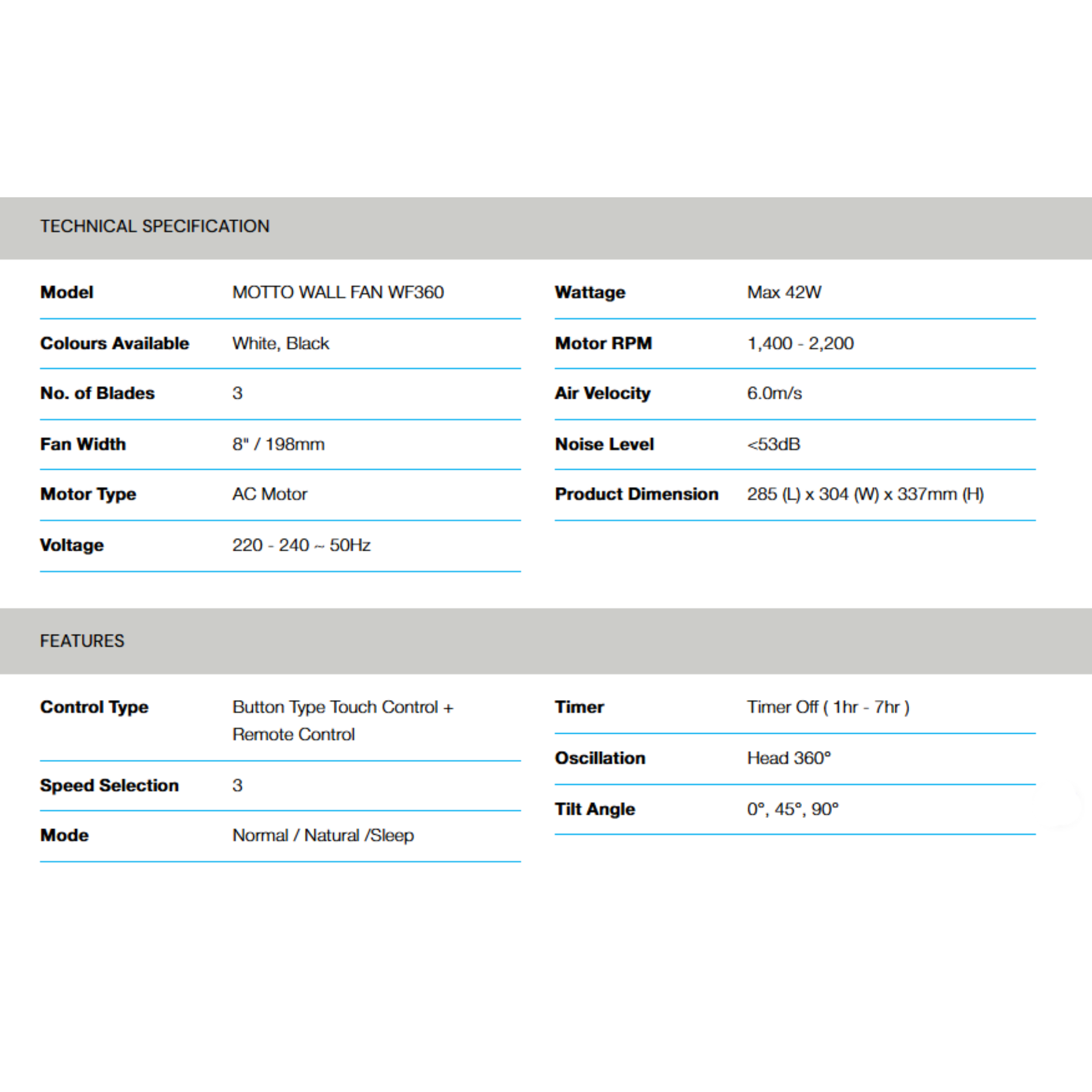 Alpha 8" Motto AC/DC Motor Wall Fan (Motto WF360)