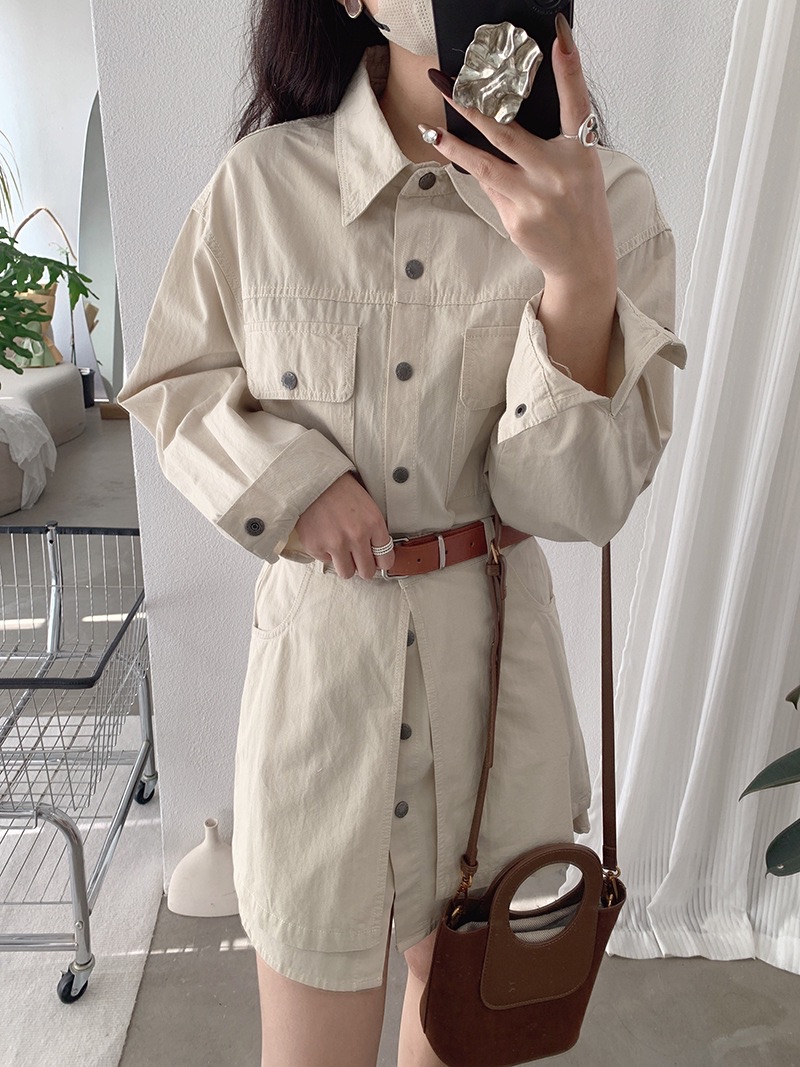 韩版复古宽松单排扣长袖衬衫+高腰屁帘套装