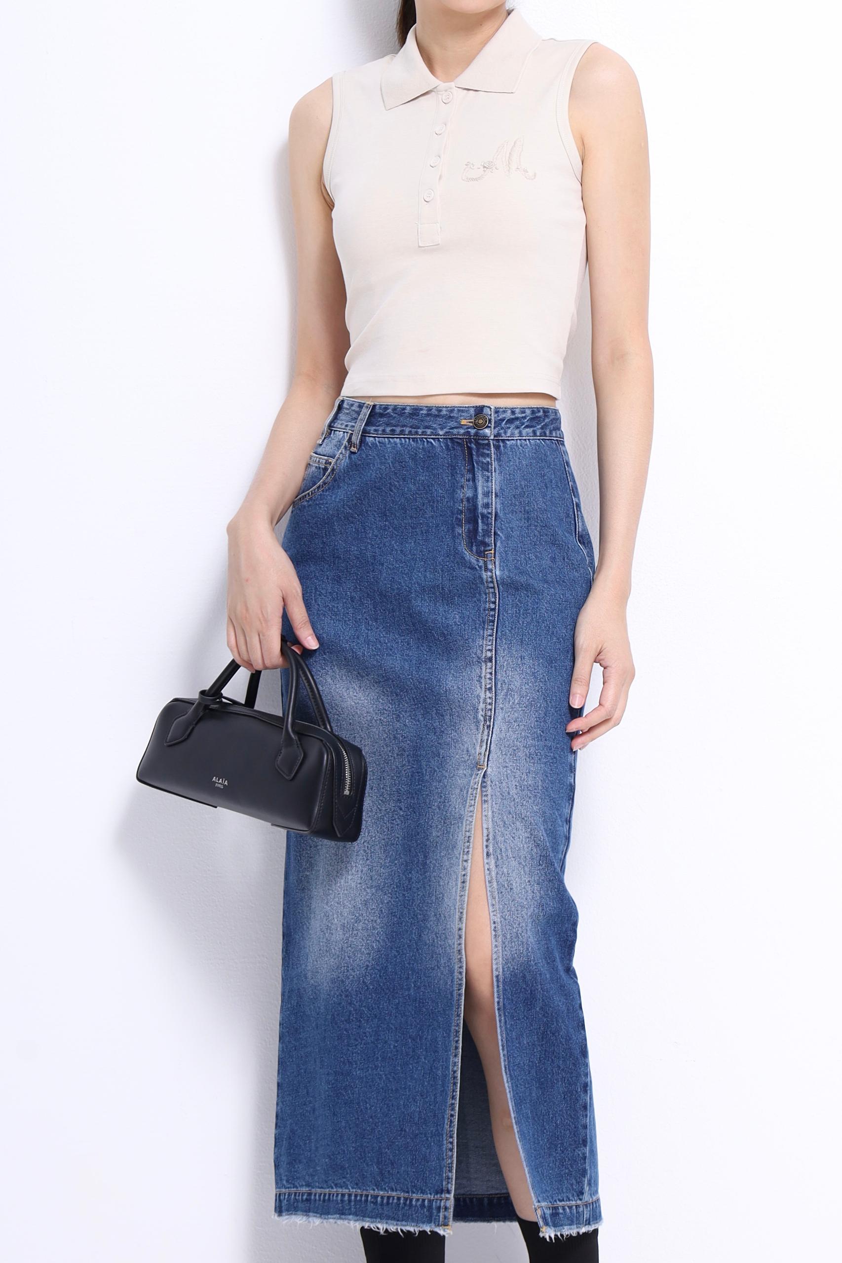 CS1427 High-Waisted Front Slit Denim Skirt
