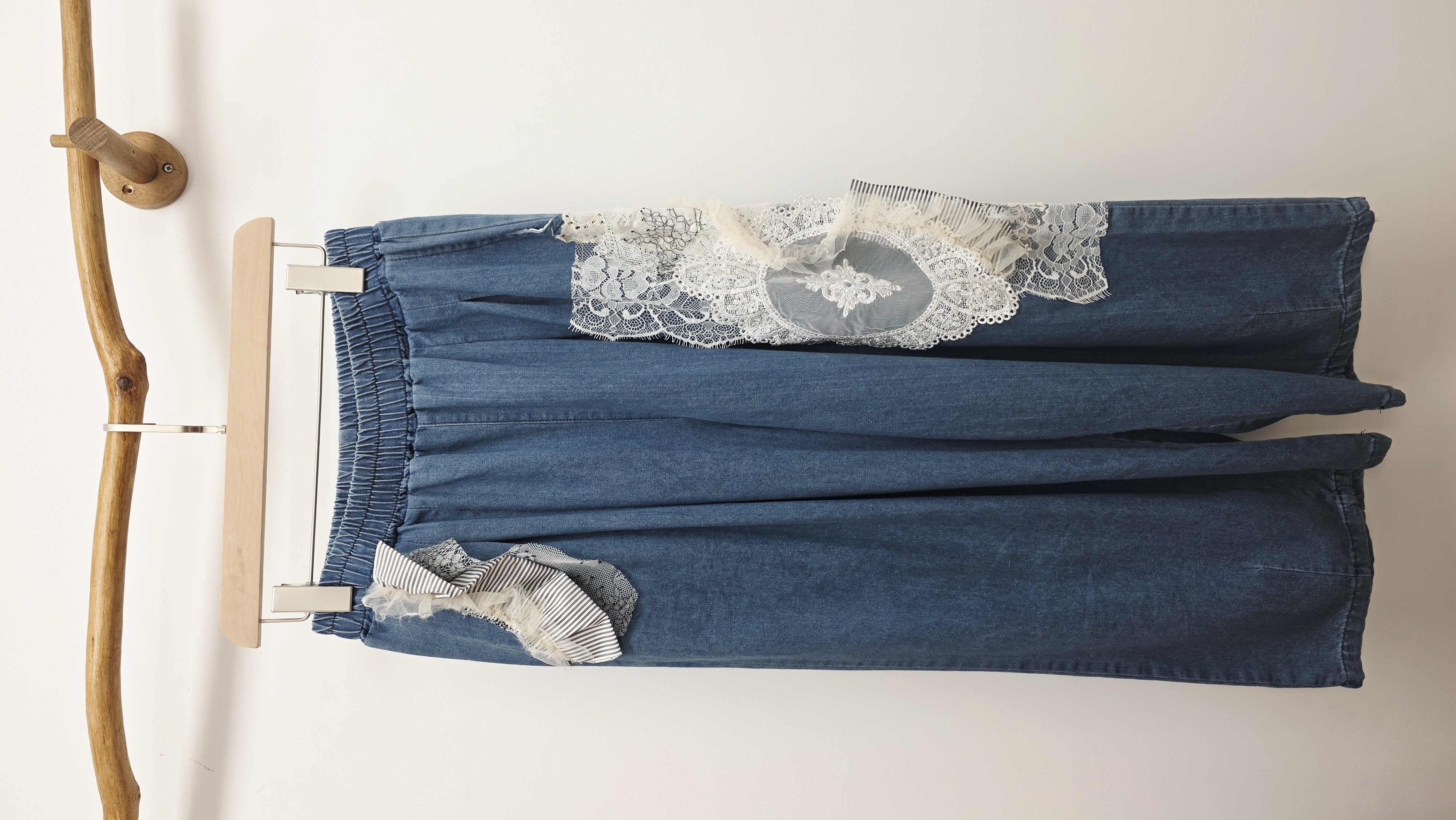 日牌藍色牛仔拼喱士橡筋褲