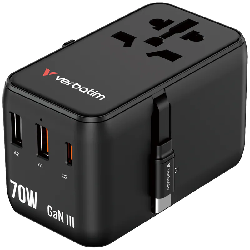香港行貨 2年保養  Verbatim 威寶 Charge 'n' Travel 70W 通用旅行轉插 (附USB-C可伸縮充電線) 30184