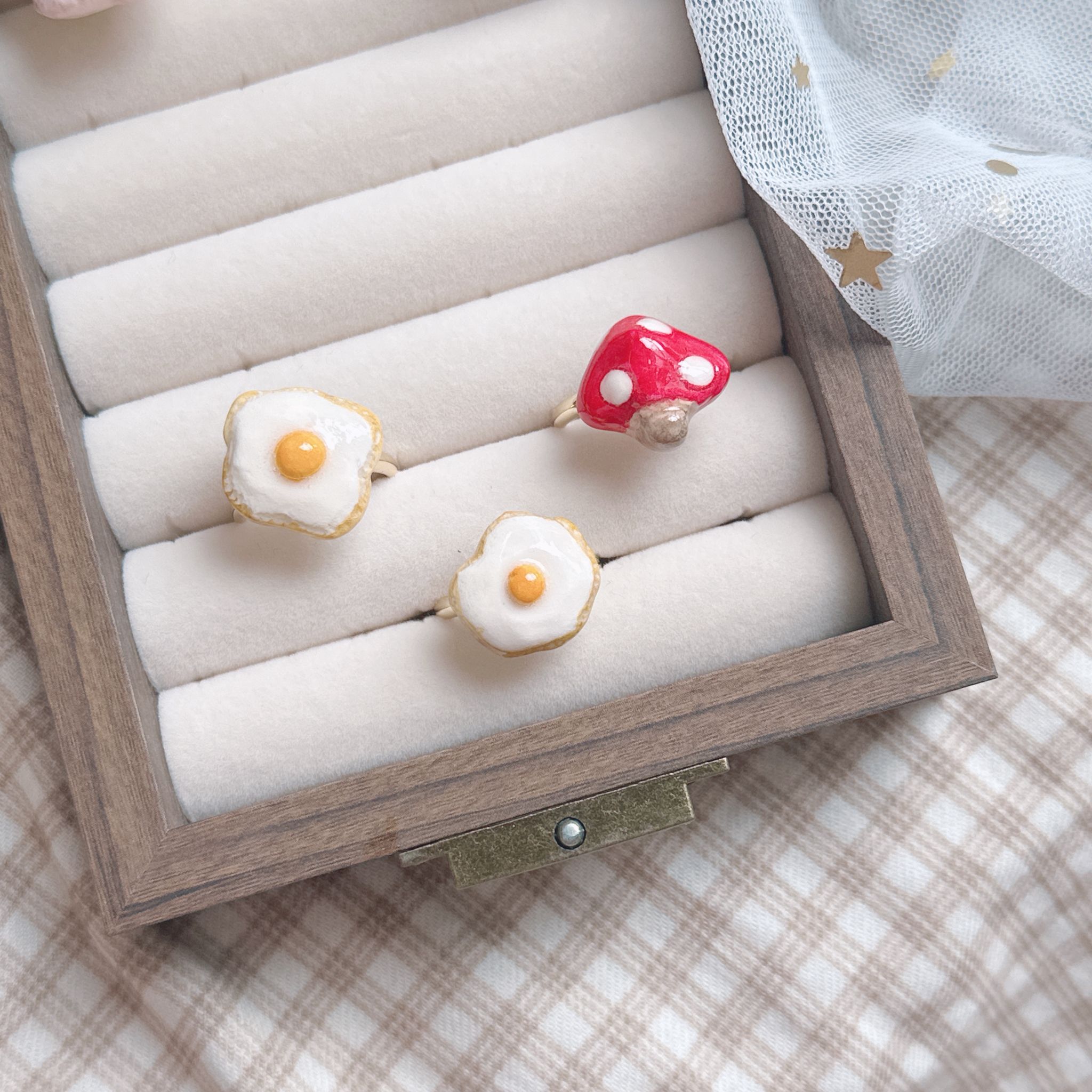 手繪煎蛋🍳蘑菇🍄‍🟫戒指 可調節鬆緊