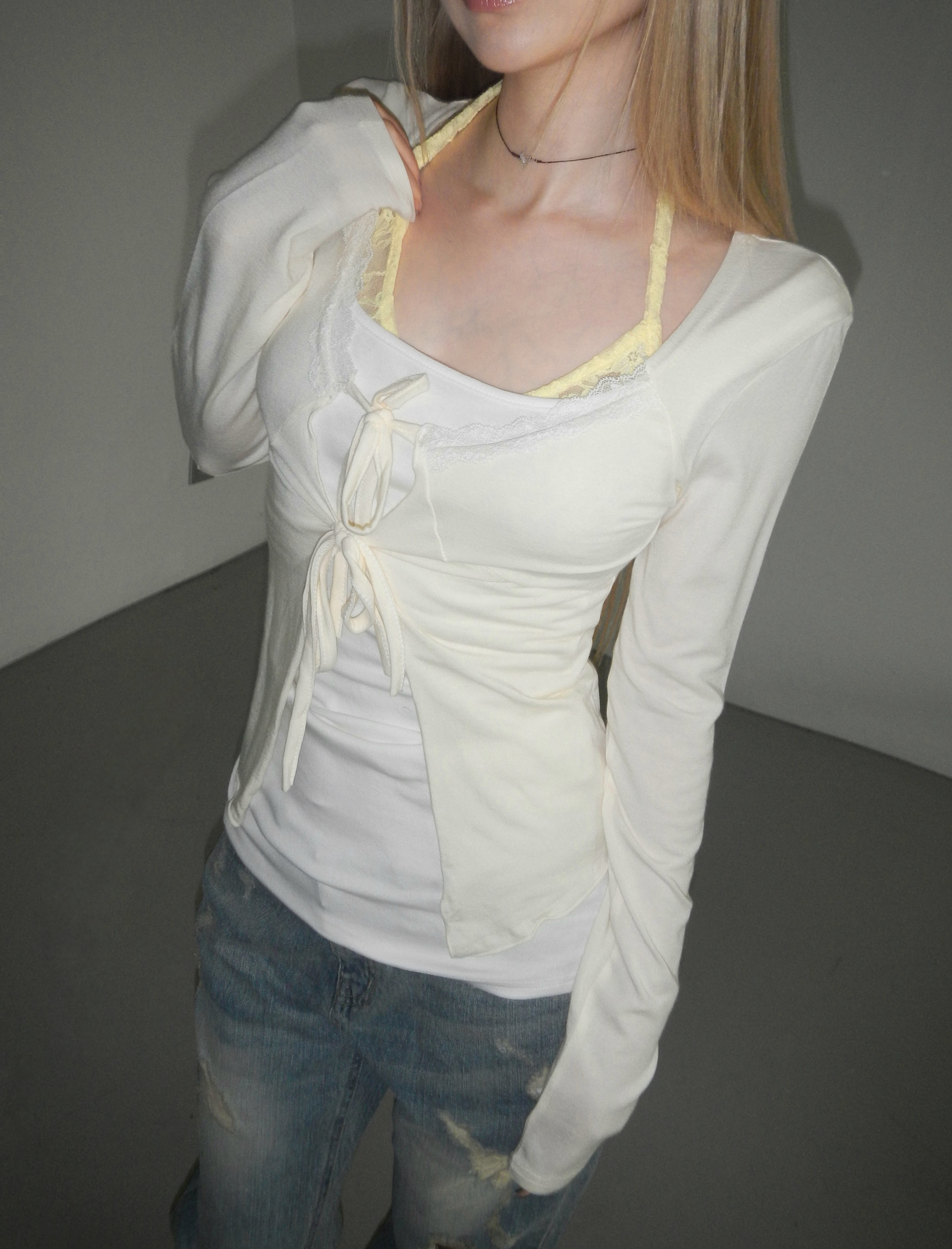 Soft Lace Trim Tie-Front Cardigan