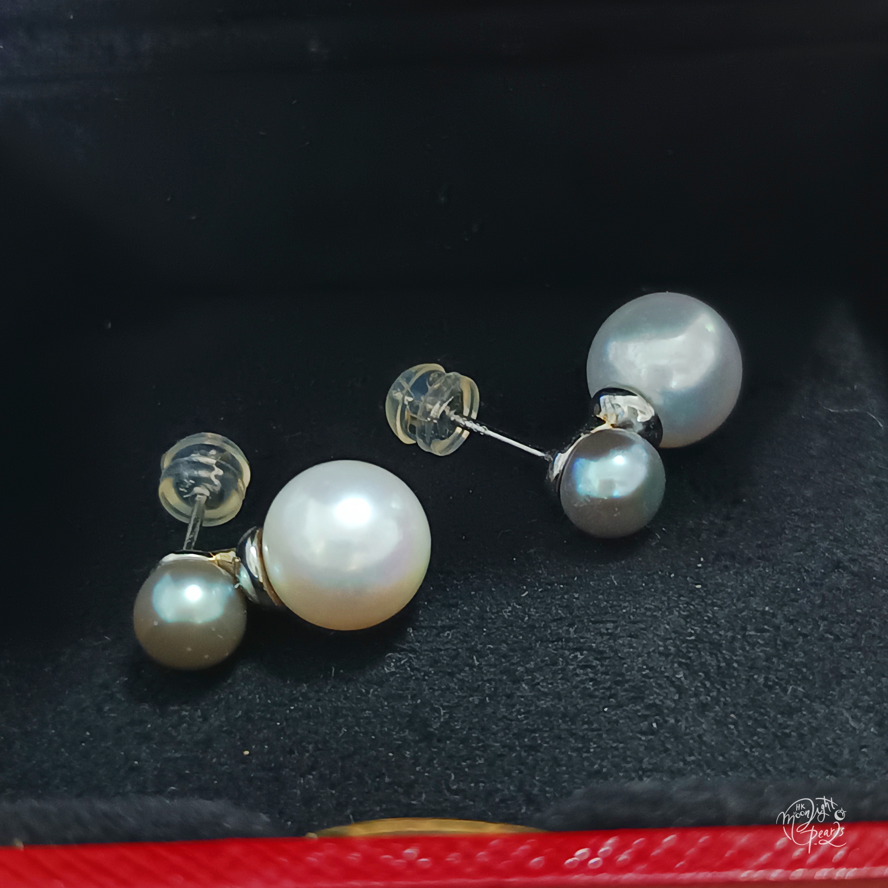 正圓極光愛迪生白珍珠+淡水灰珠精工s925銀雙珠耳釘