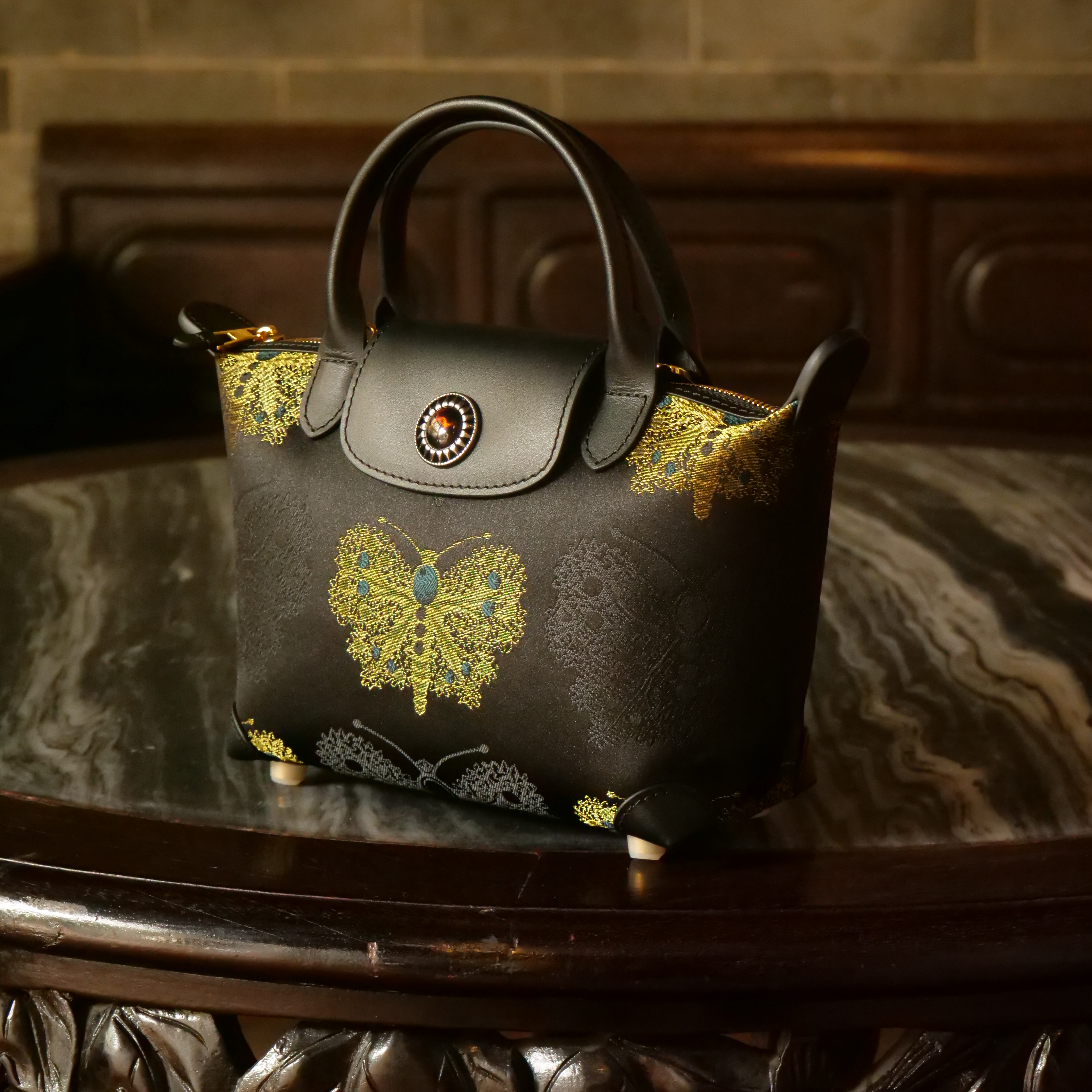 宋錦∞黑金綠蝴蝶牛皮小號手袋