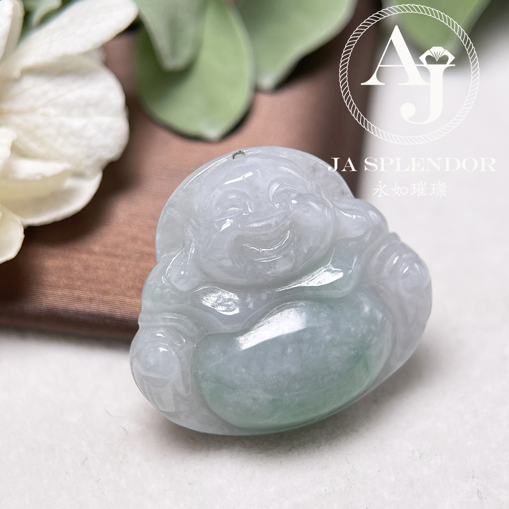 JN-10317 天然翡翠A玉 冰糯白底青大肚笑佛吊墜