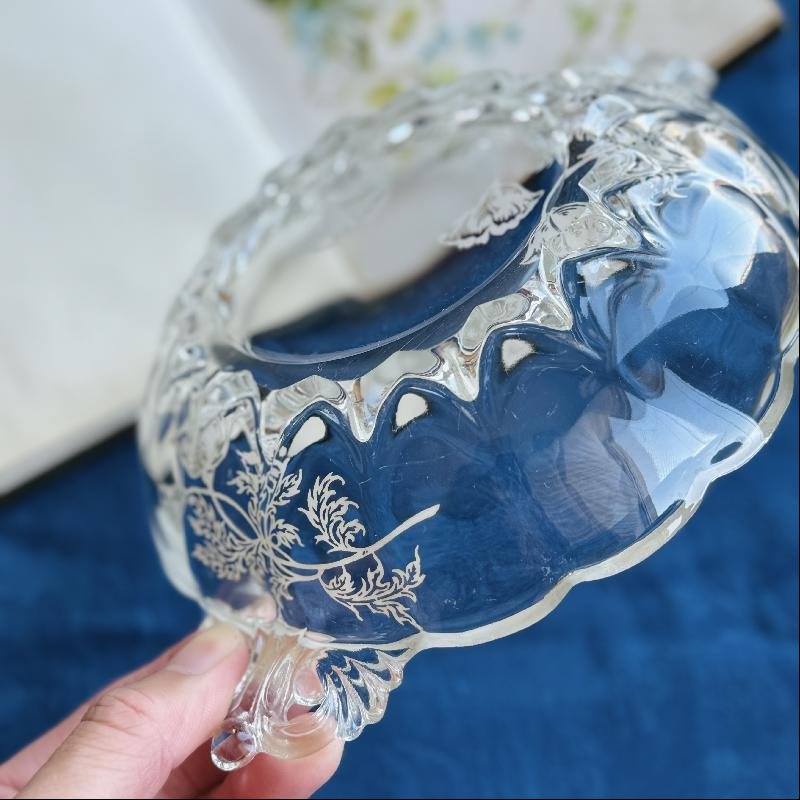 Vintage C.a. 1960s Silver Overlay Floral Pattern Glass Bowl with Scrollwork Handles (MT2013)
