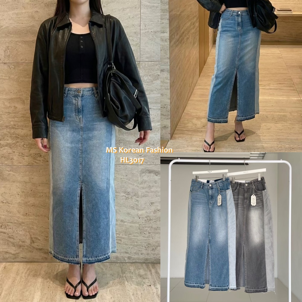 HL3017 韓國🌼Howluk前開叉拼色中長牛裙