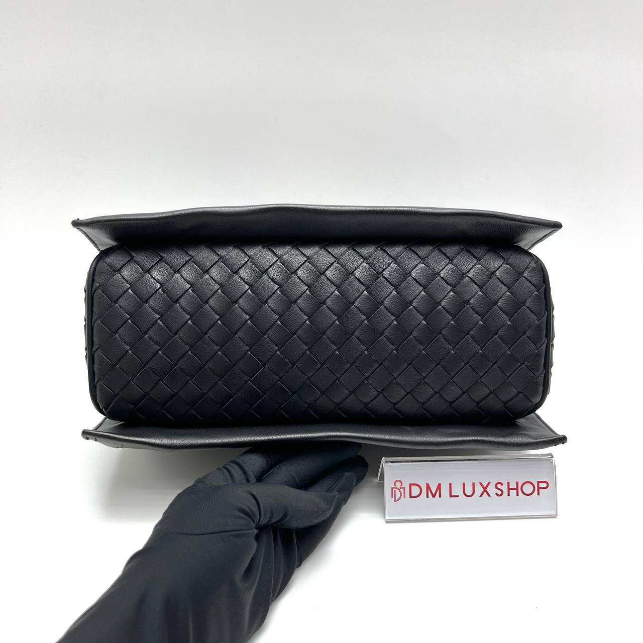 BV Black Intrecciato Padlock Flap Bag