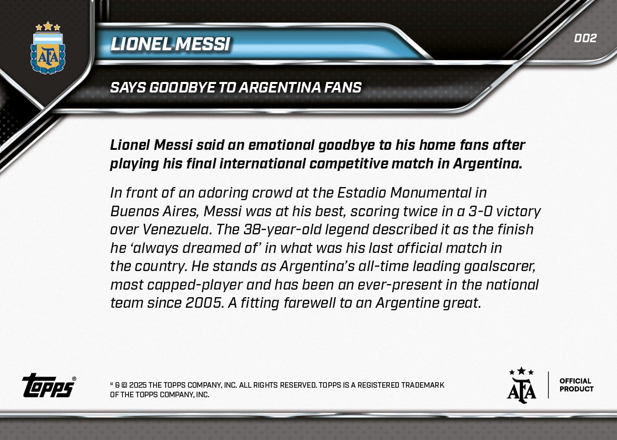 Lionel Messi - 2024-25 Argentina Topps NOW® #2 阿根廷主場告別戰紀念卡｜PR 34,982