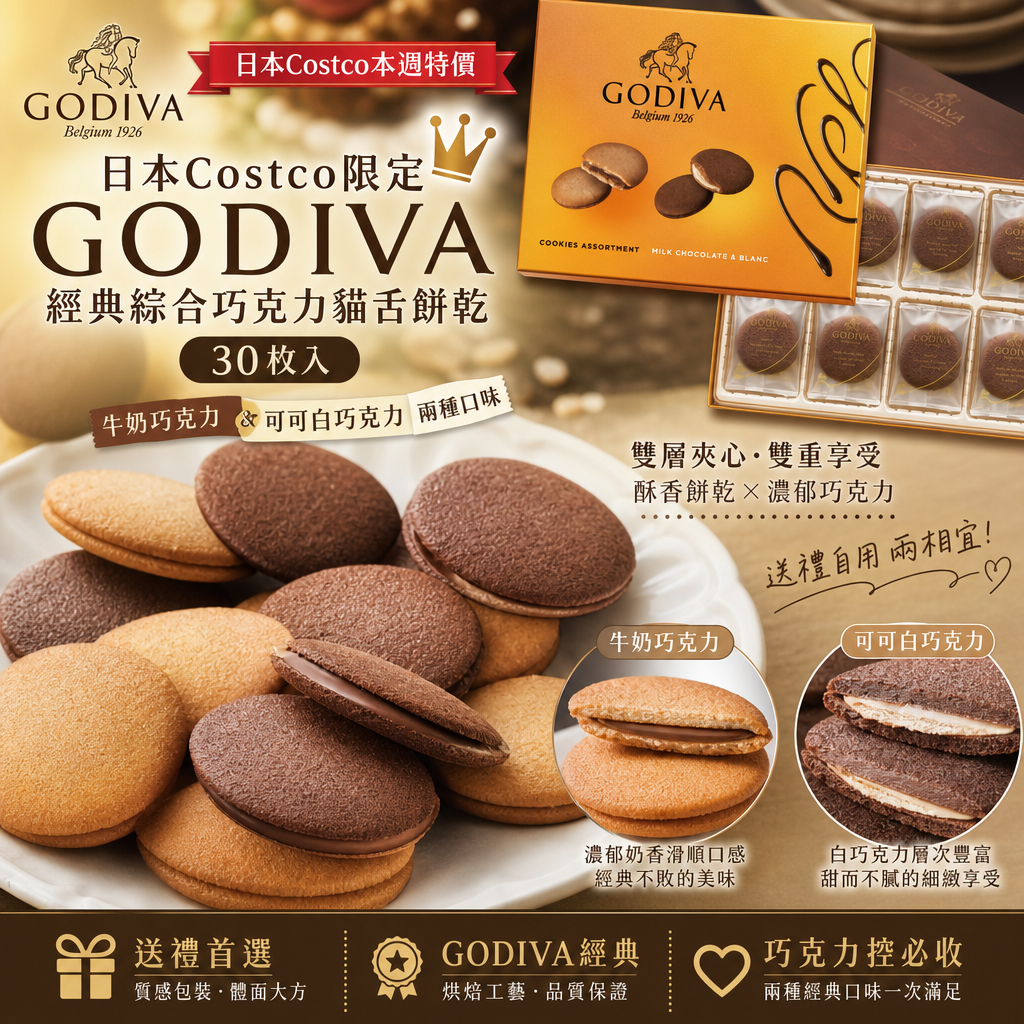 日本Costco 本週特價  日本Costco限定GODIVA經典綜合巧克力貓舌餅乾30枚入 