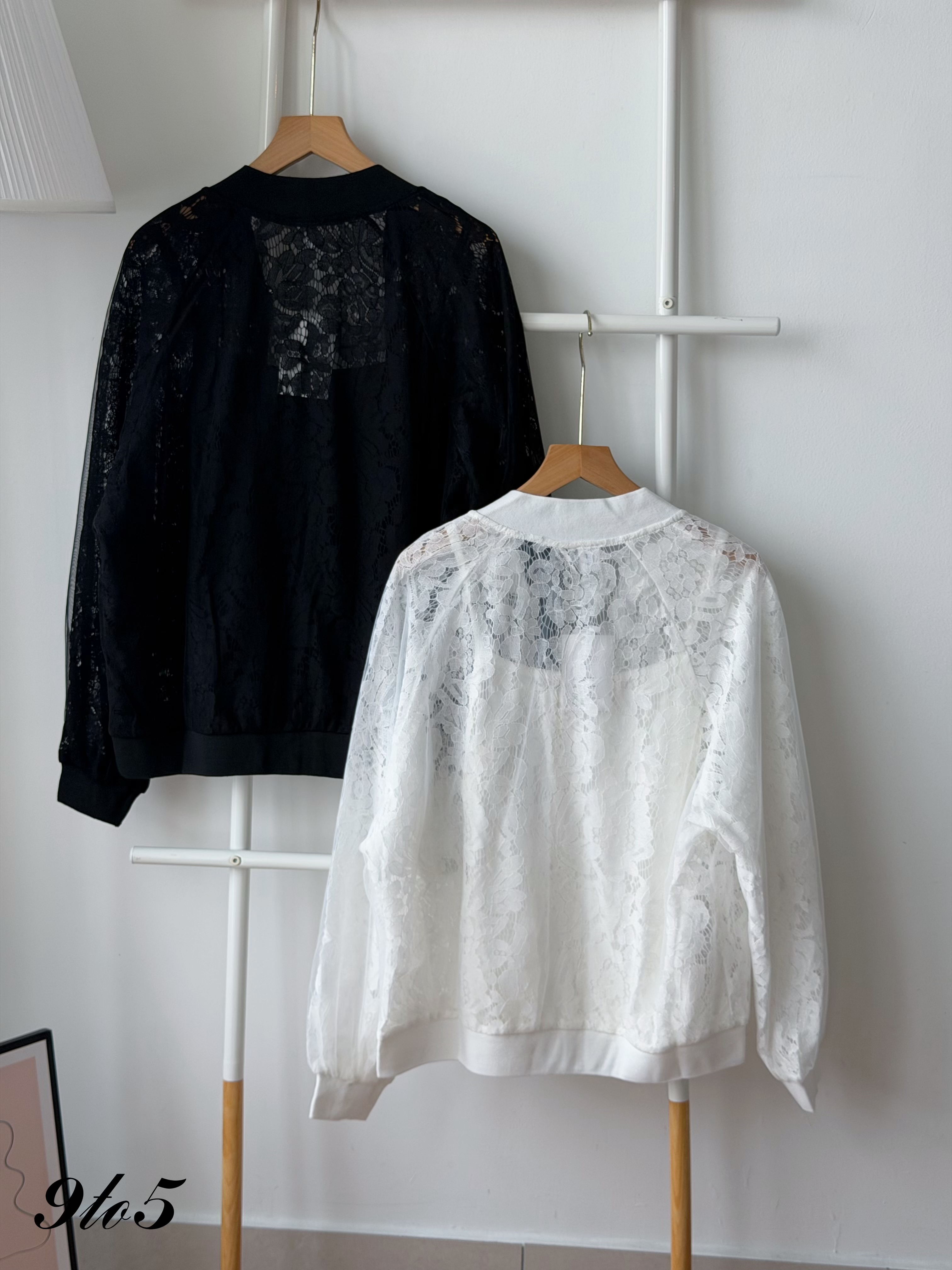 T4495 Long Sleeve Lace Bomber Jacket - Black & White