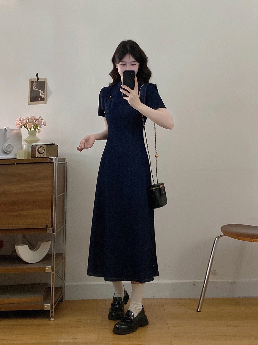 B154(3560) 新中式JEANS气质优雅木耳边肩蓝旗袍连身裙