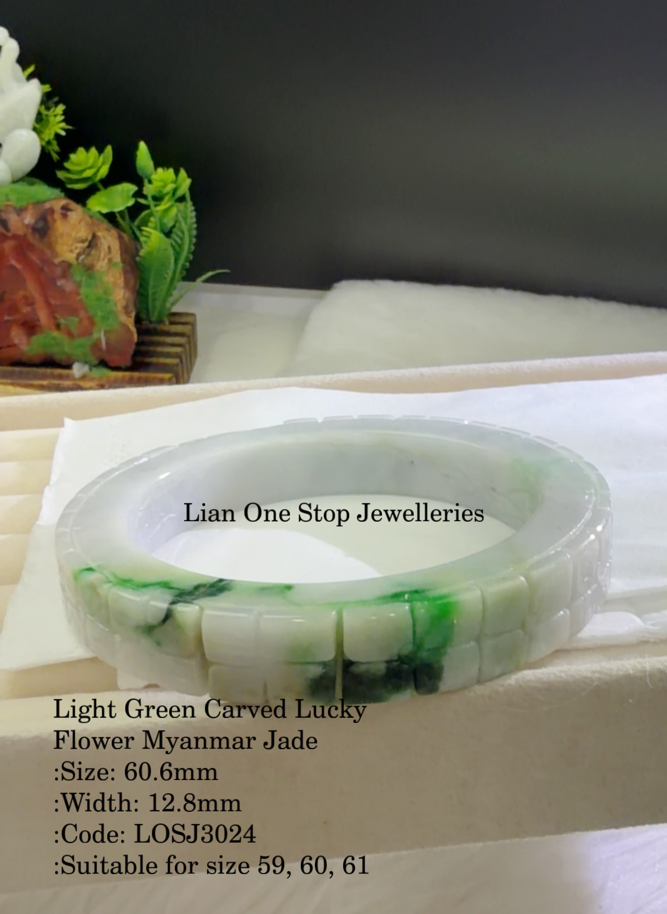 6.06cm Code: LOSJ3024 Light Green Carved Lucky Flower Myanmar Jade 