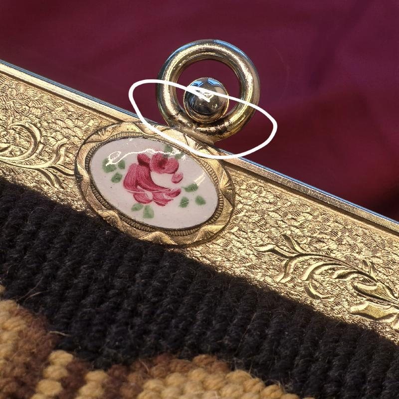 Vintage C.a. 1960s Hand-Stitched Floral Needlepoint Bag with Handpainted Rose Frame (MT2506)