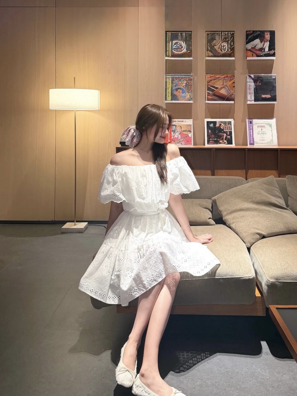 Elegant Eyelet Ruffle Off-Shoulder Dress with Belt