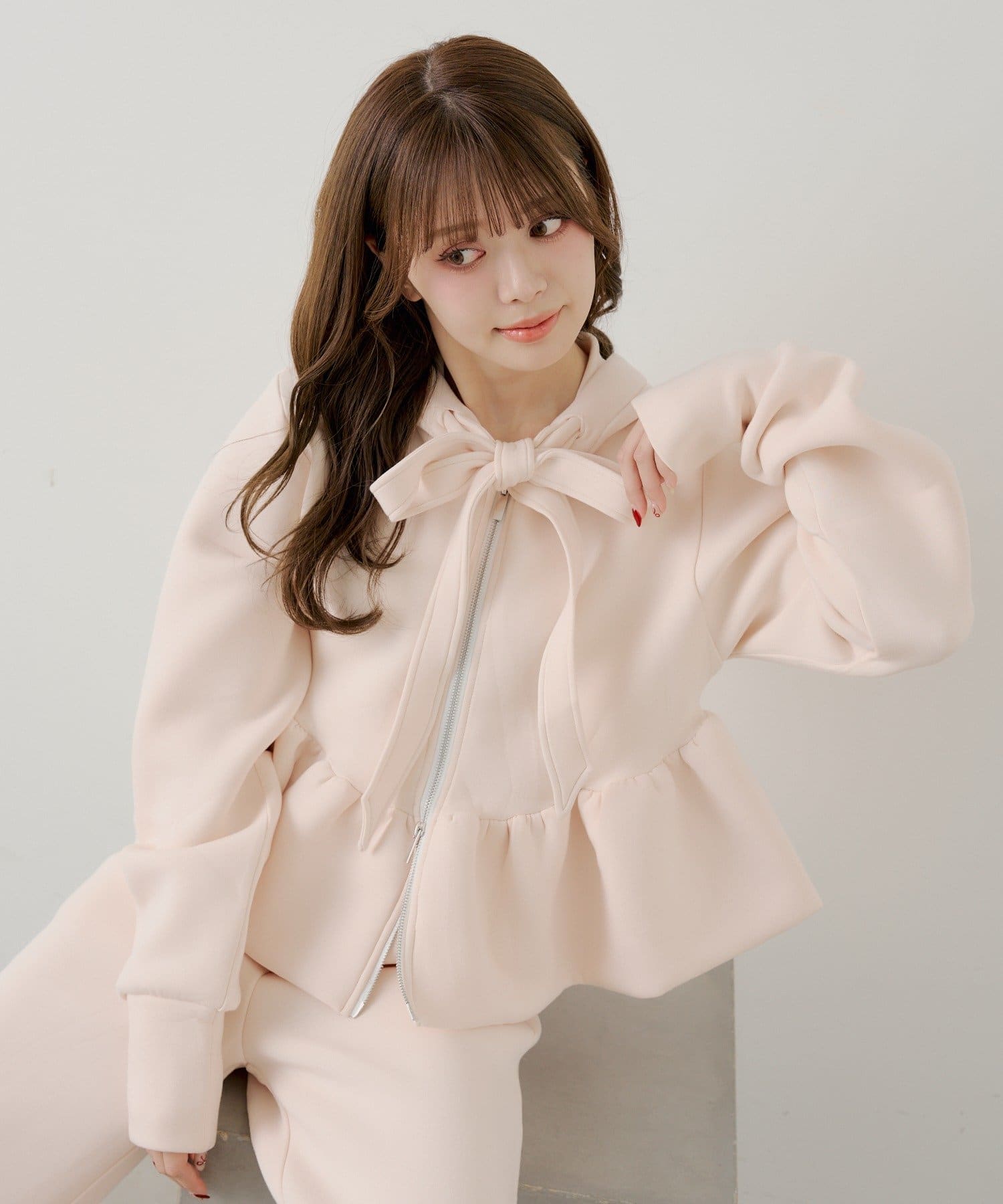 4月連線貨品 - 日本女裝寬緞帶荷葉邊拉鍊衛衣