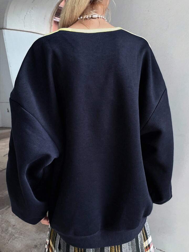 復古學院風紐約字母撞色V領套頭衛衣