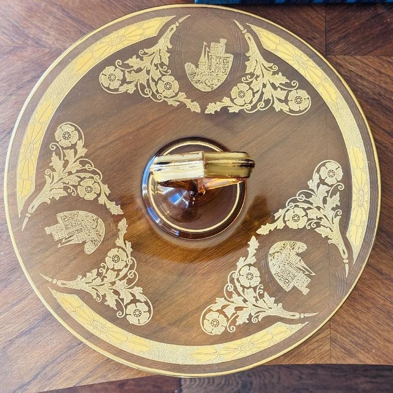 Antique 1920s Amber Glass Embossed Golden Castle and Scrollwork Pattern Large Cake Plate with Geometric Handle (MT2166)
