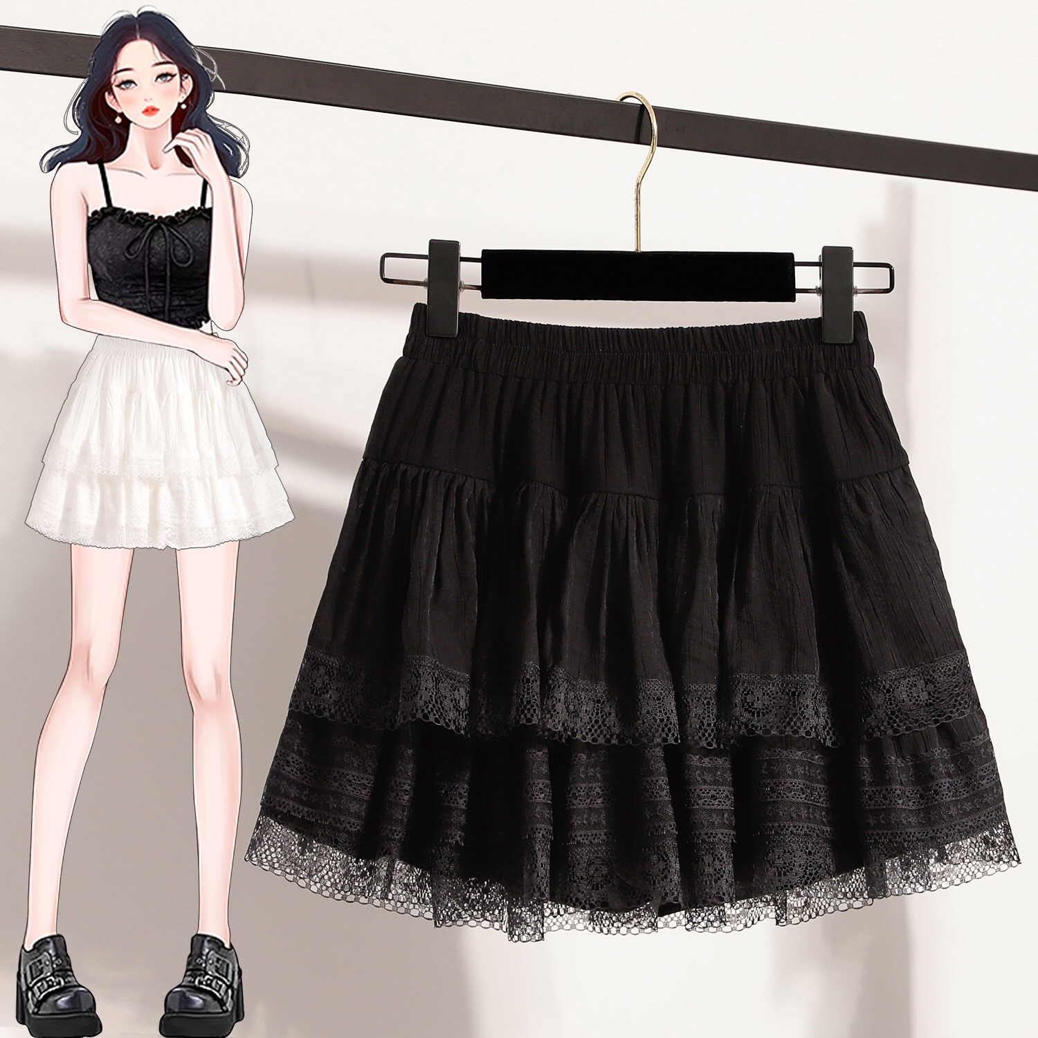 B28(5512) 法式芭蕾风蕾丝边层层蛋糕层蓬蓬黑白短裙