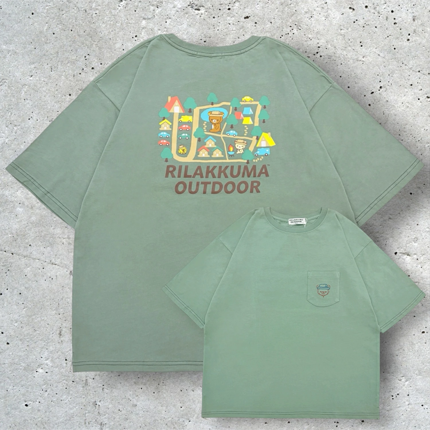 日本版 Rilakkuma Outdoor 戶外系列 刺繡口袋 Oversize 背面印花短袖T恤（男女適用）