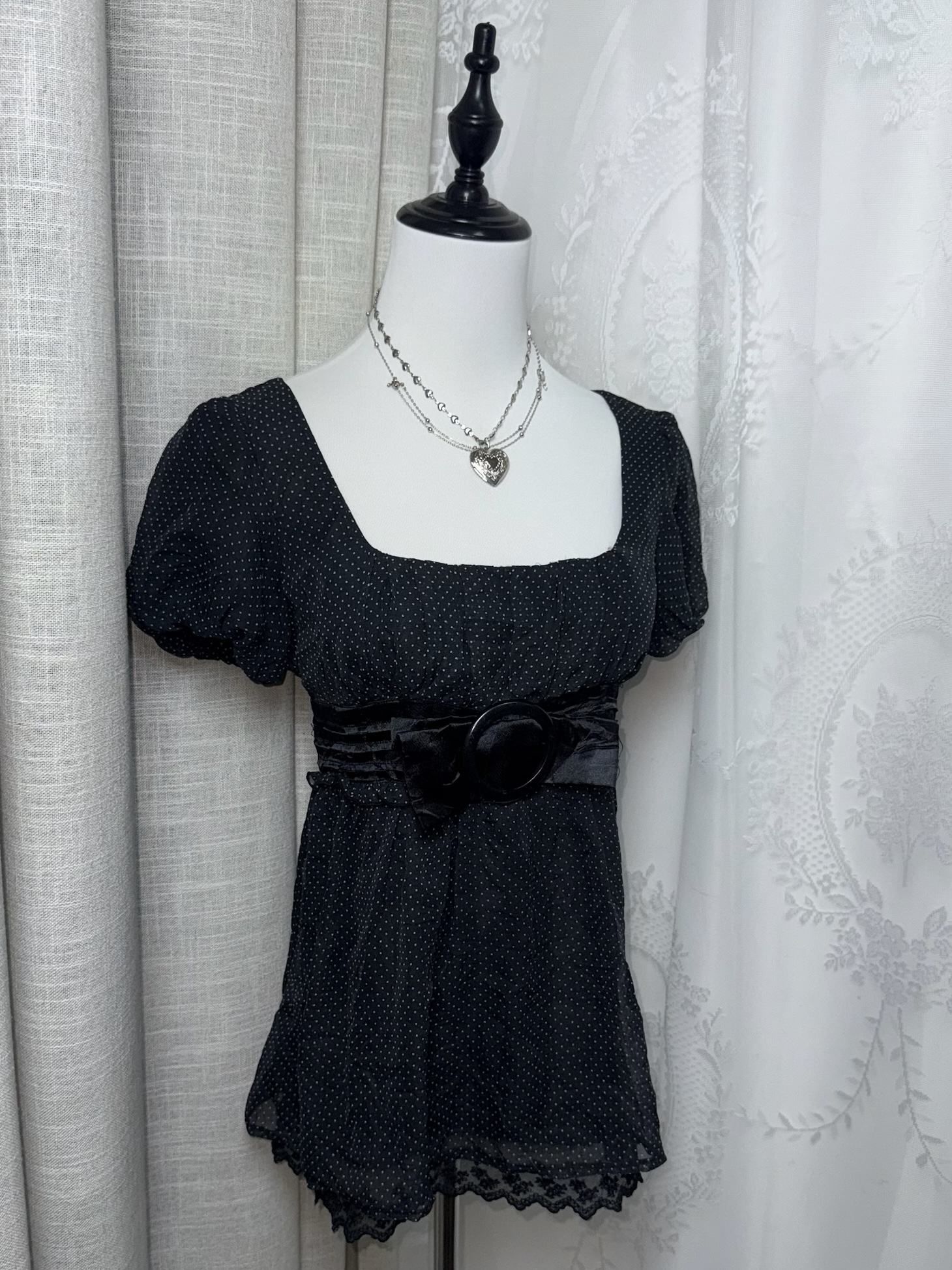 Polka Dot Empire Waist Puff Sleeve Lace Babydoll with Buckle