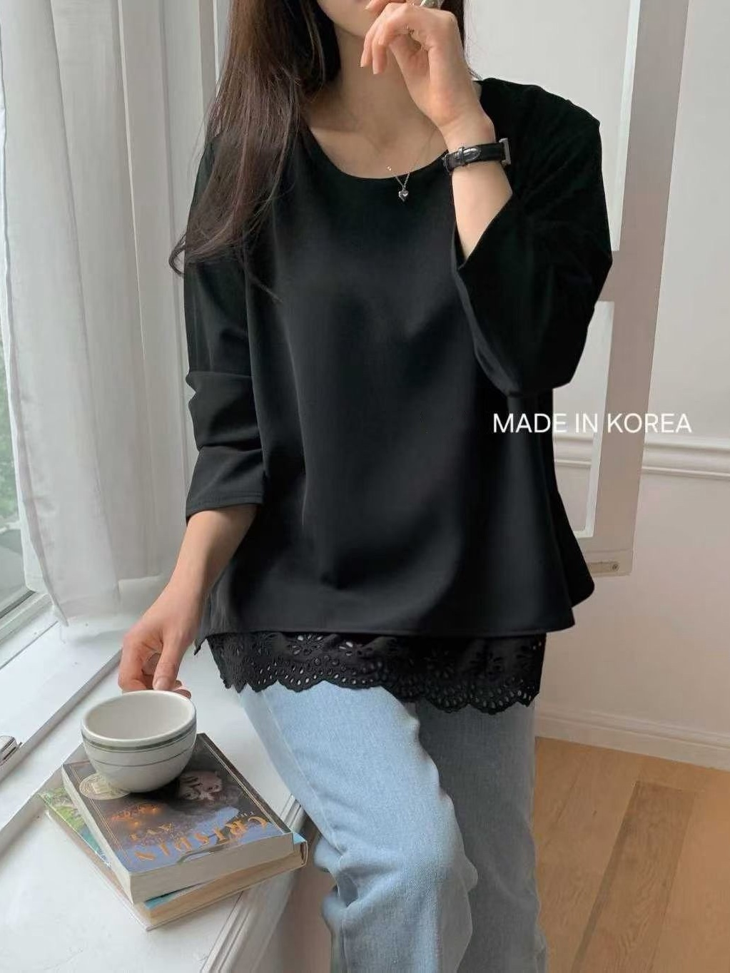 E5088 假兩件拼lace腳top