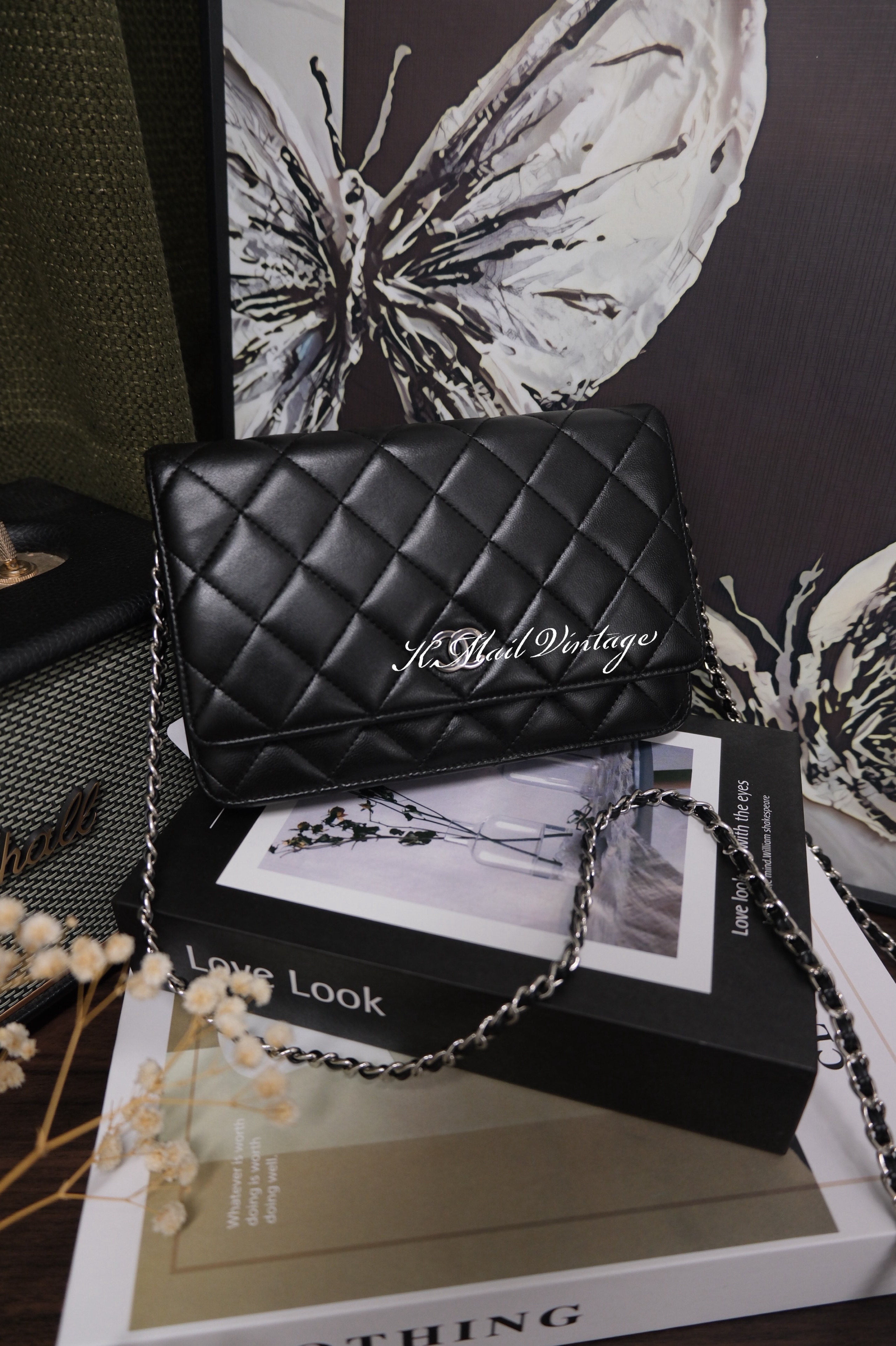 Chanel Lambskin Chain Wallet Black Silver 